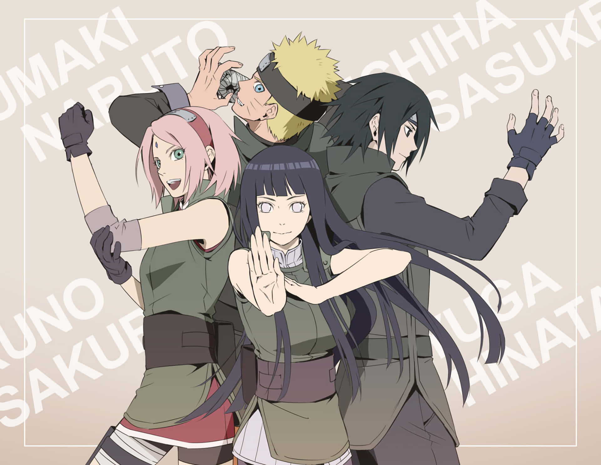 Naruto Team 7 桌布 壁紙 — 四個動漫忍者角色在米色背景前動感擺姿勢，他們的名字以微弱浮水印顯示在背後。
