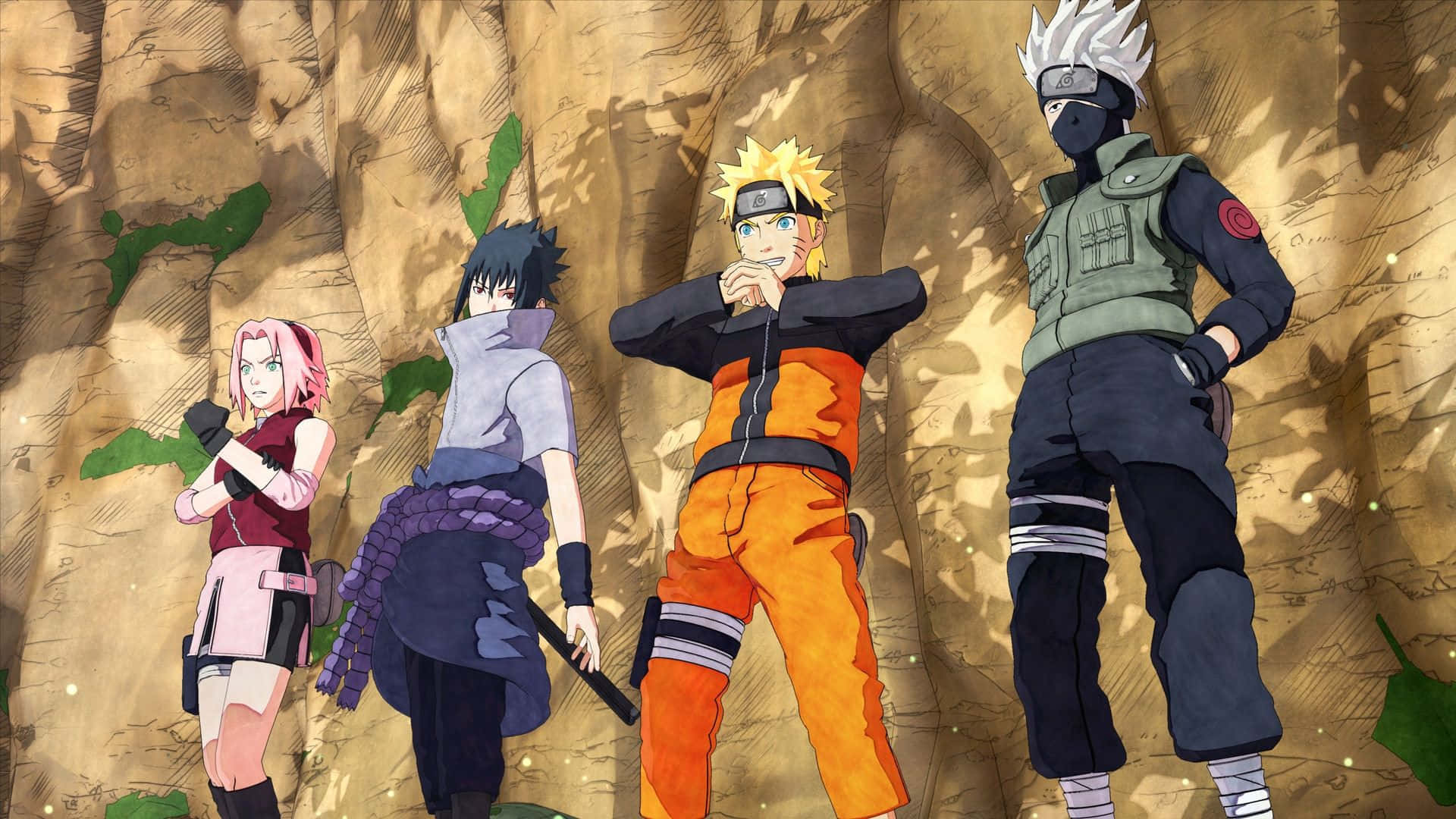 Naruto Group 桌布 壁紙 — 四個動漫忍者角色自信地站在陽光普照、綠葉茂盛的岩石懸崖邊。