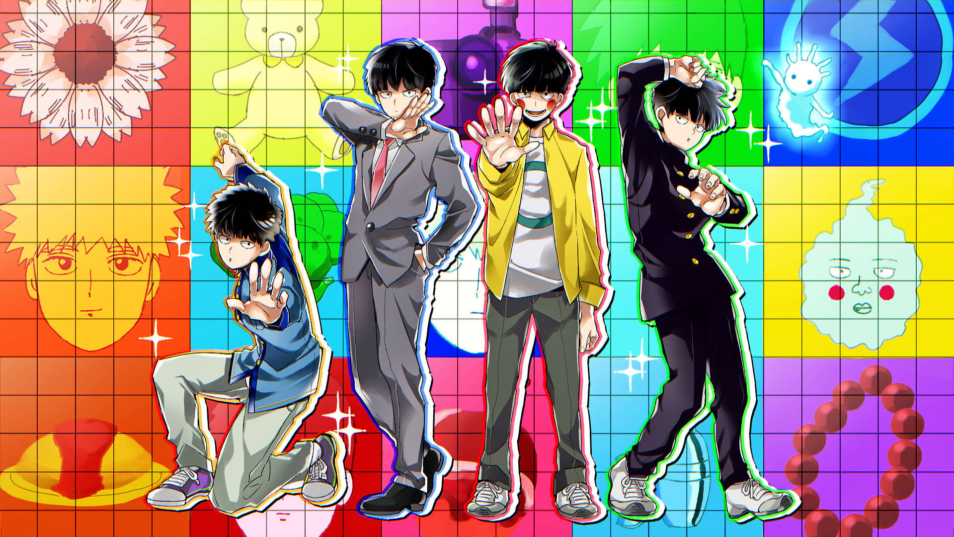 psycho 桌布 壁紙 — 四個動漫男孩以動態姿勢站在色彩繽紛的卡通背景網格前。