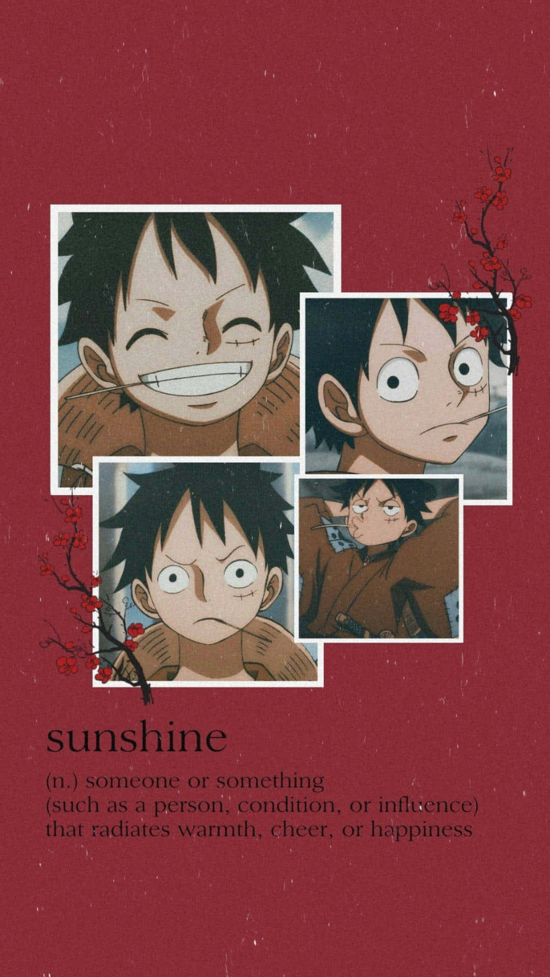 Aesthetic Manga 桌布 壁紙 — 四個動漫肖像，一個頭髮豎起的男孩在帶有櫻花枝的紋理紅色背景上表現出快樂、憤怒、驚訝和堅定的表情。
