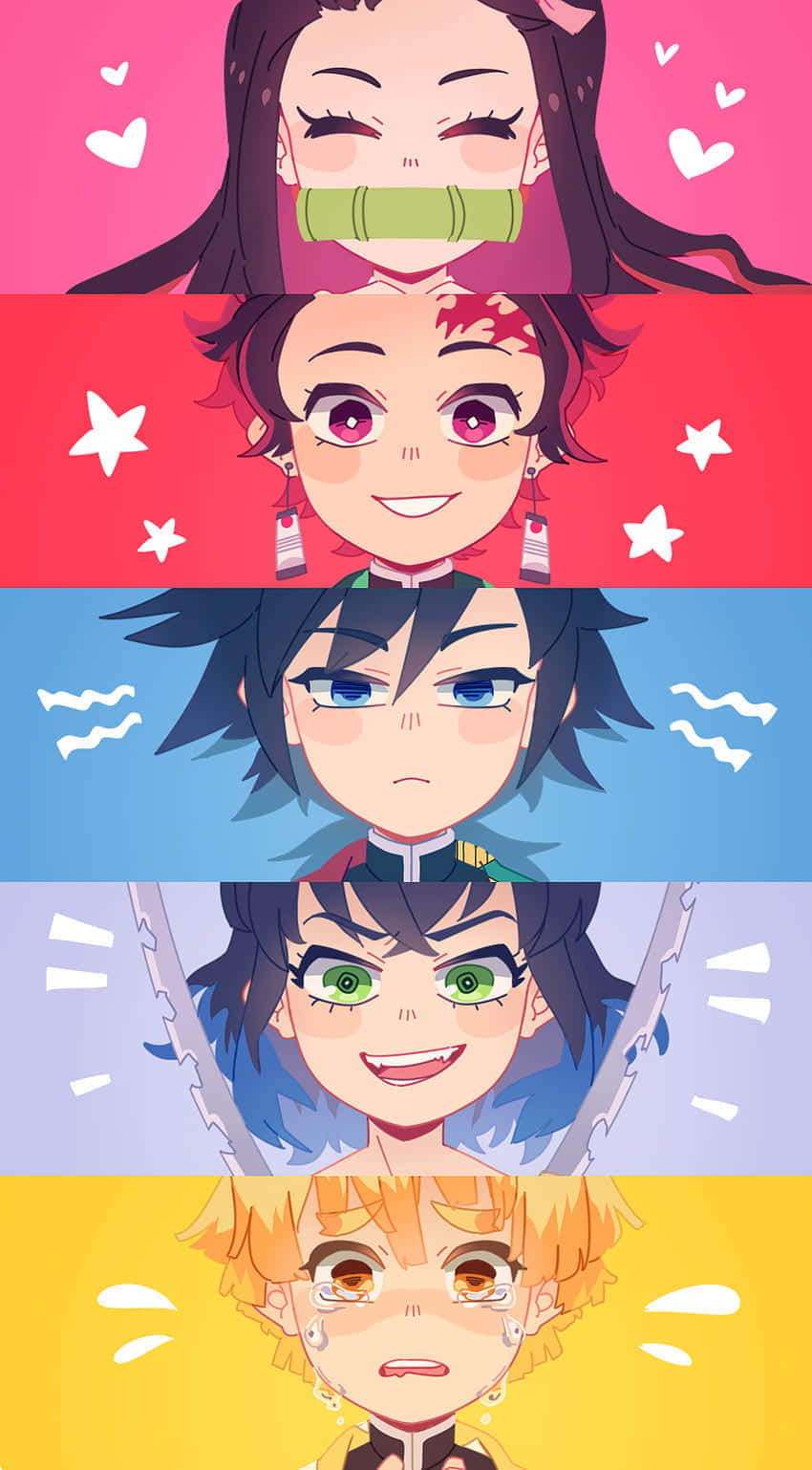 Demon Slayer Characters 桌布 壁紙 — 四個動漫角色，各有獨特表情和鮮豔彩色背景，每個都框在垂直面板中。