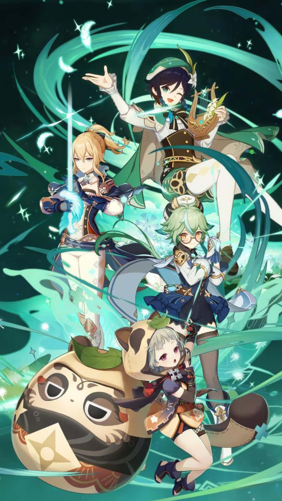 Genshin Impact Characters 桌布 壁紙 — 四個動漫角色，帶有發光的綠色能量漩渦和星空背景，擺出動感姿勢。