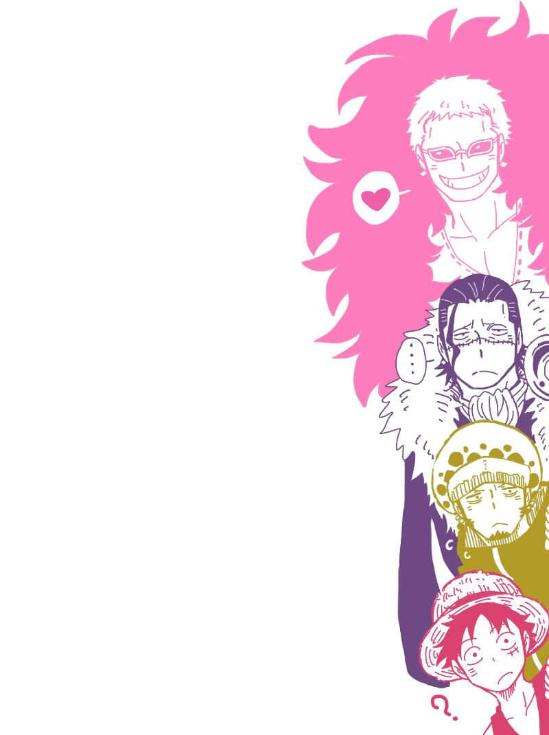 Donquixote Doflamingo 桌布 壁紙 — 四個動漫角色，帶有粗線條輪廓和鮮豔的粉紅色、紫色和黃色點綴，垂直站立在純白色背景上。