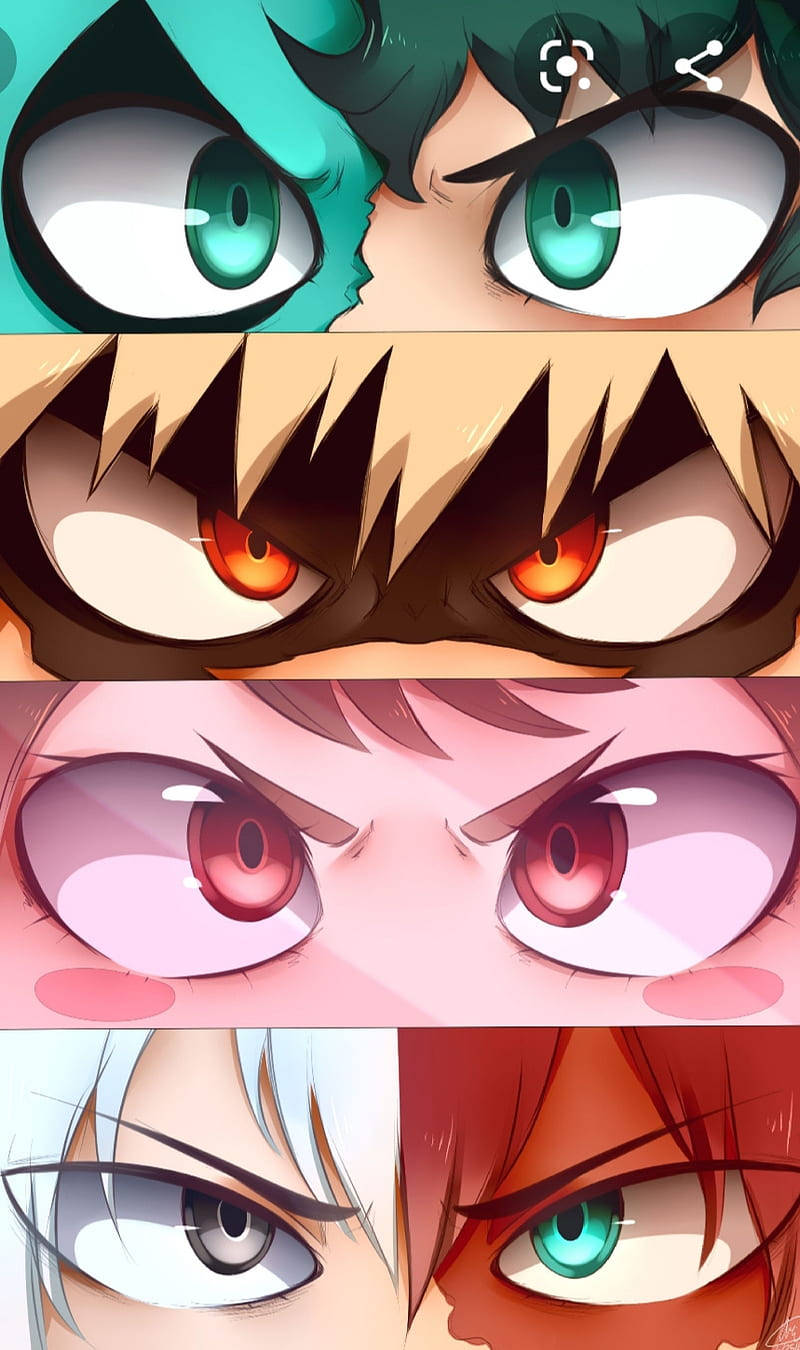 Todobakudeku 桌布 壁紙 — 四個動漫角色，眼神強烈，以垂直條狀呈現，展現多樣表情與鮮豔色彩。