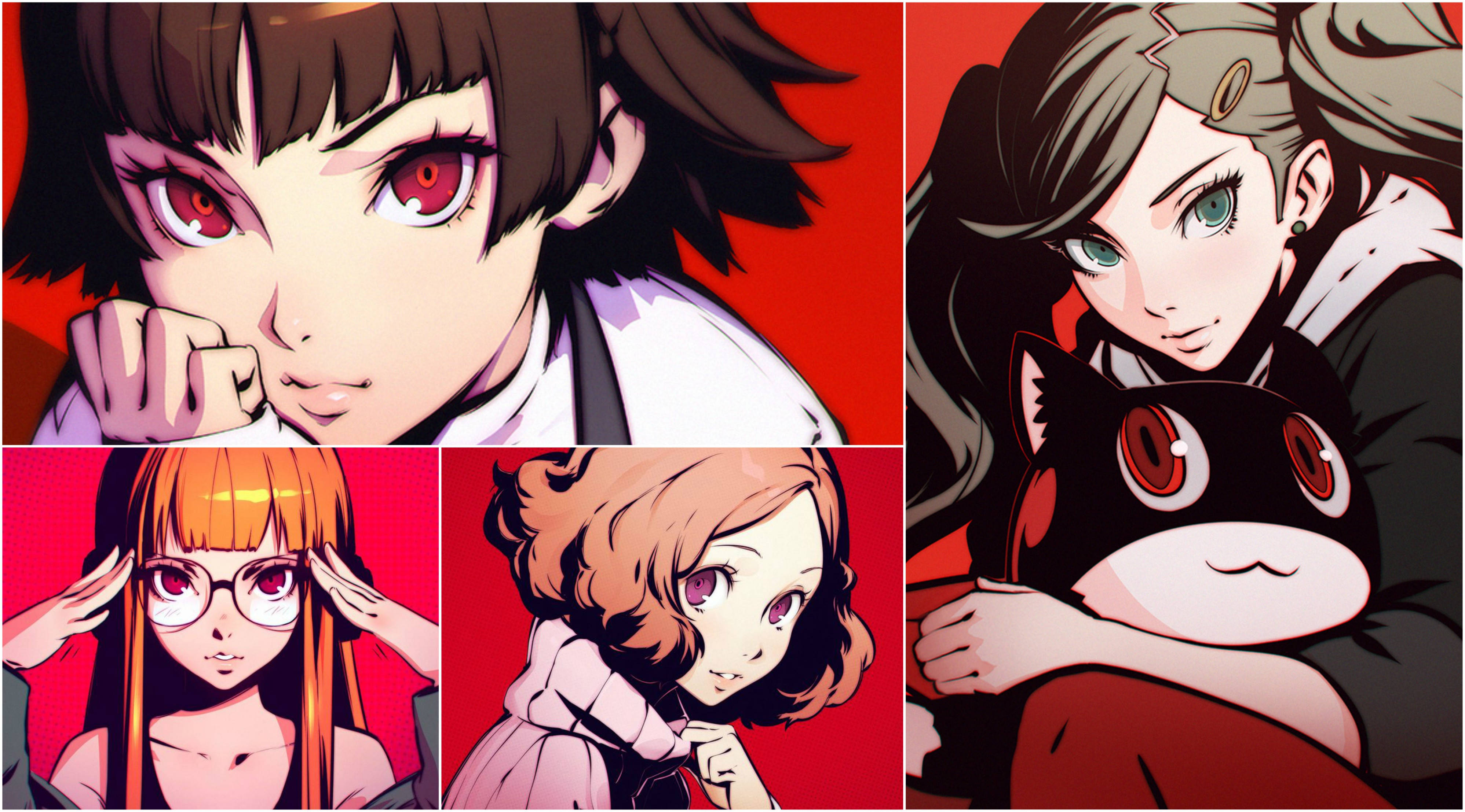 persona 5 4K 桌布 壁紙 — 四個動漫角色，眼神銳利，背景大膽紅色，構成動態拼貼。