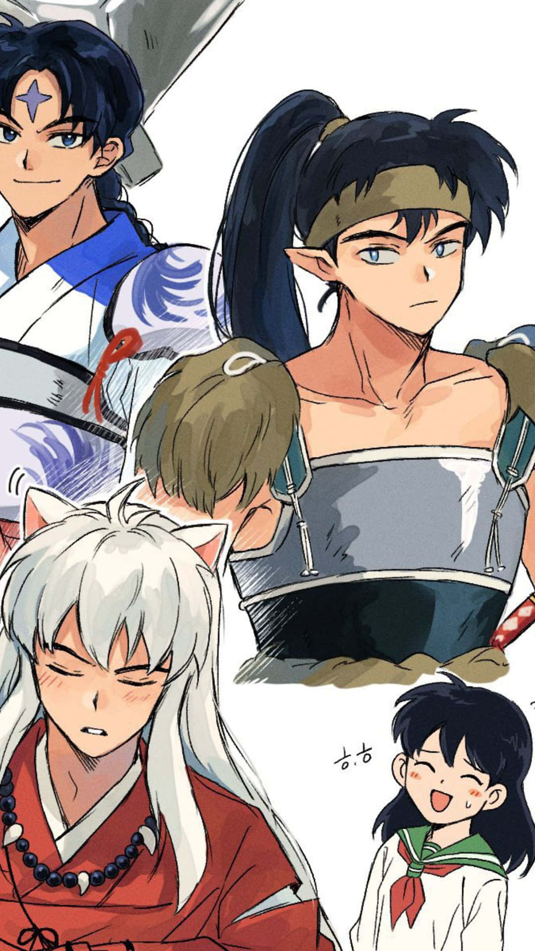 Inuyasha Koga 桌布 壁紙 — 四個動漫角色，穿著不同的服裝和表情，以動態構圖排列。