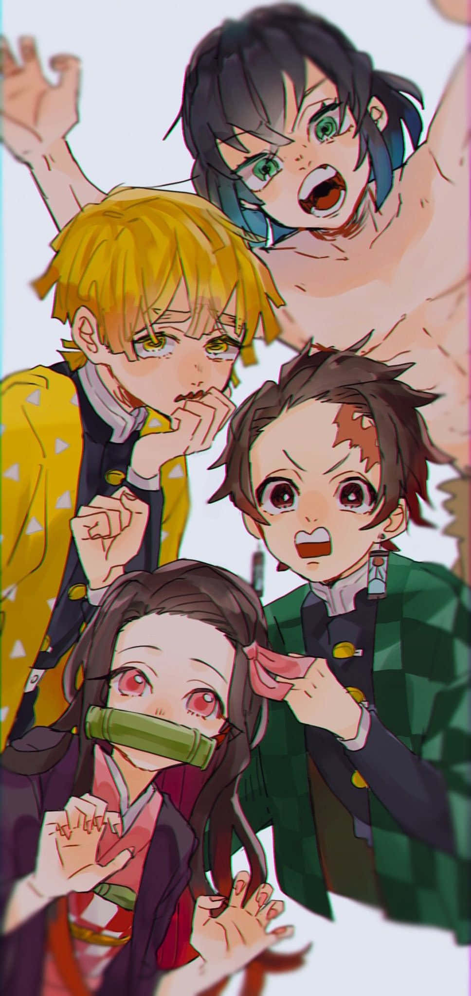 Demon Slayer Group 桌布 壁紙 — 四個動漫角色，表情豐富，姿勢動感，背景簡潔。