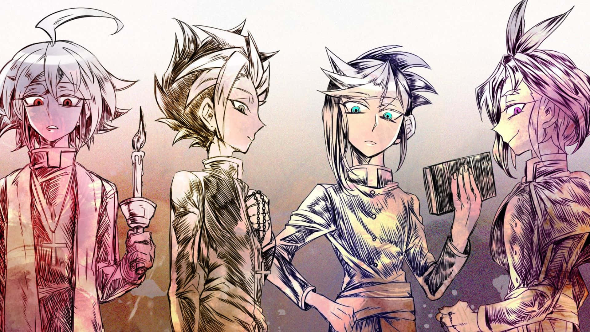 Yu-gi-oh Yuto 桌布 壁紙 — 四個動漫角色，頭髮尖刺，站在昏暗的房間裡，手持蠟燭、玫瑰經念珠和書本。