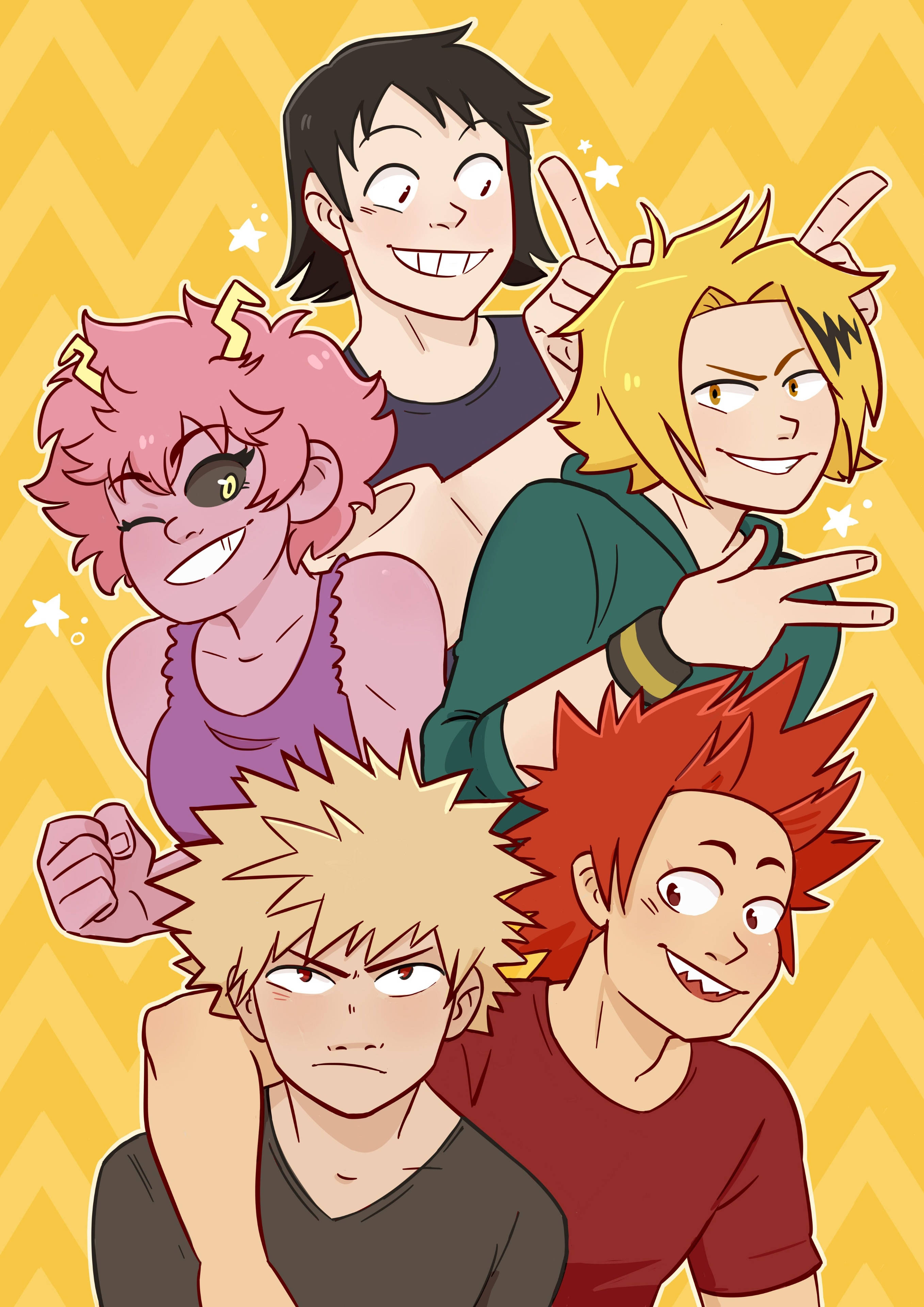 Bakusquad 桌布 壁紙 — 四個動漫角色，頭髮尖刺，表情豐富，在黃色鋸齒形背景前開心地擺姿勢。
