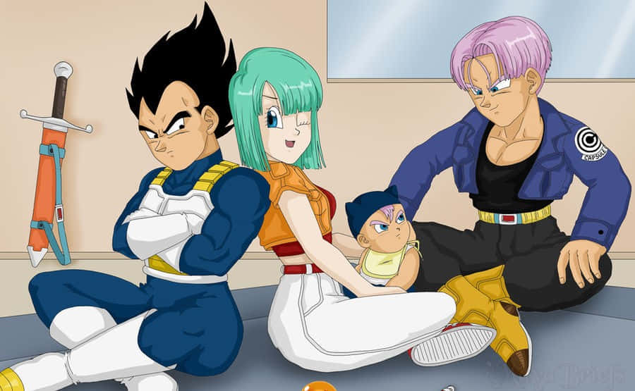 Vegeta's Family 桌布 壁紙 — 四個動漫角色一起坐在一個房間裡，牆上掛著一把劍，中間有一個嬰兒。