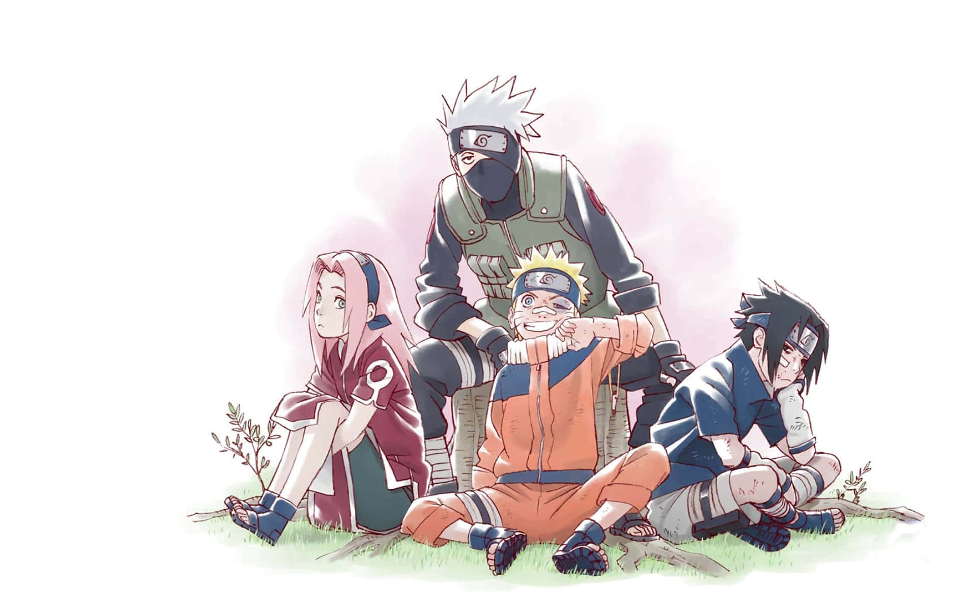 Naruto Team 7 桌布 壁紙 — 四個動漫角色一起坐在草地上，背景柔和粉彩，光線溫柔。