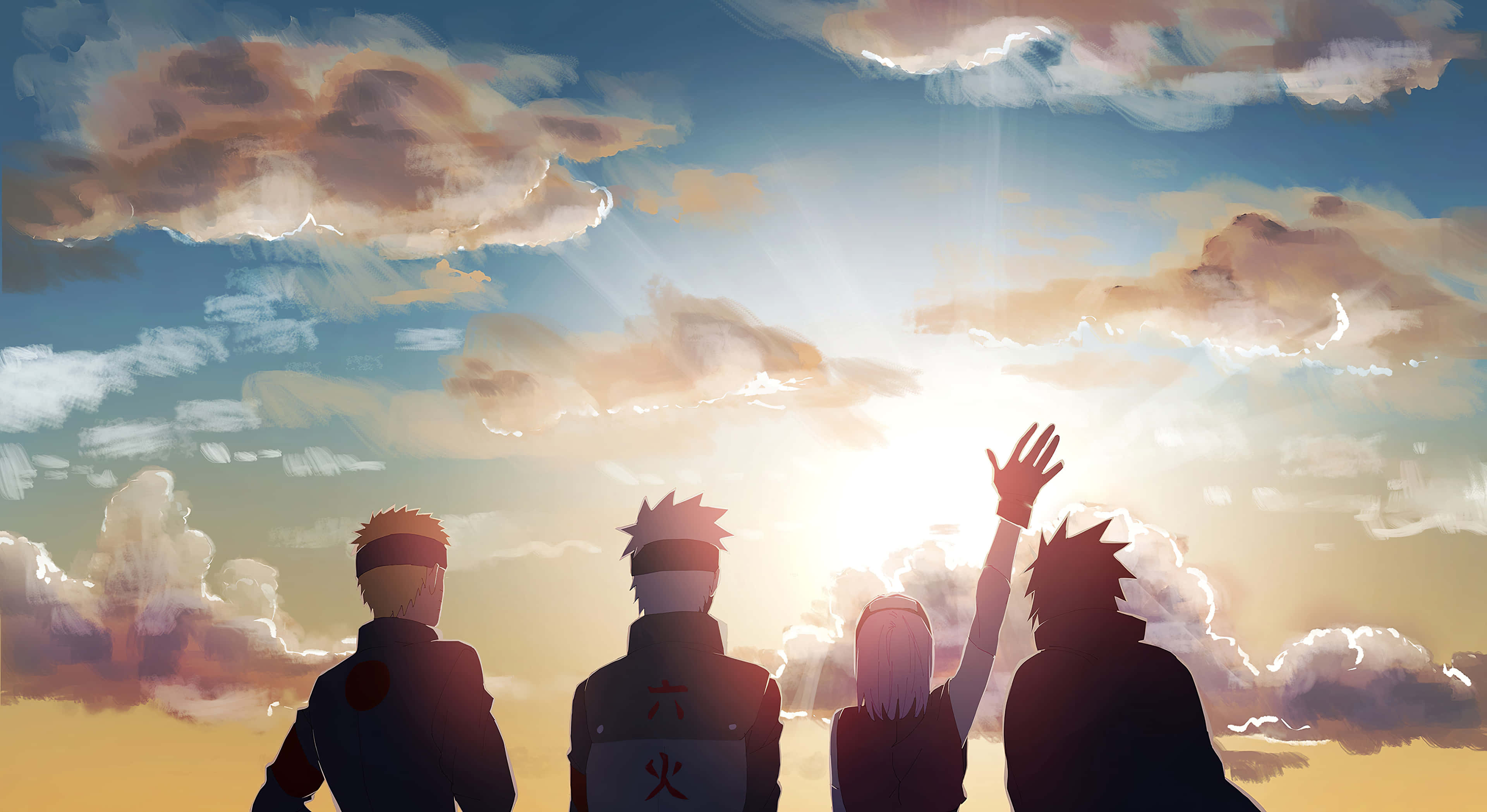 Naruto Anime 桌布 壁紙 — 四個動漫角色以剪影形式站立在充滿活力的日落天空前，天空中有金色的雲彩和燦爛的陽光。