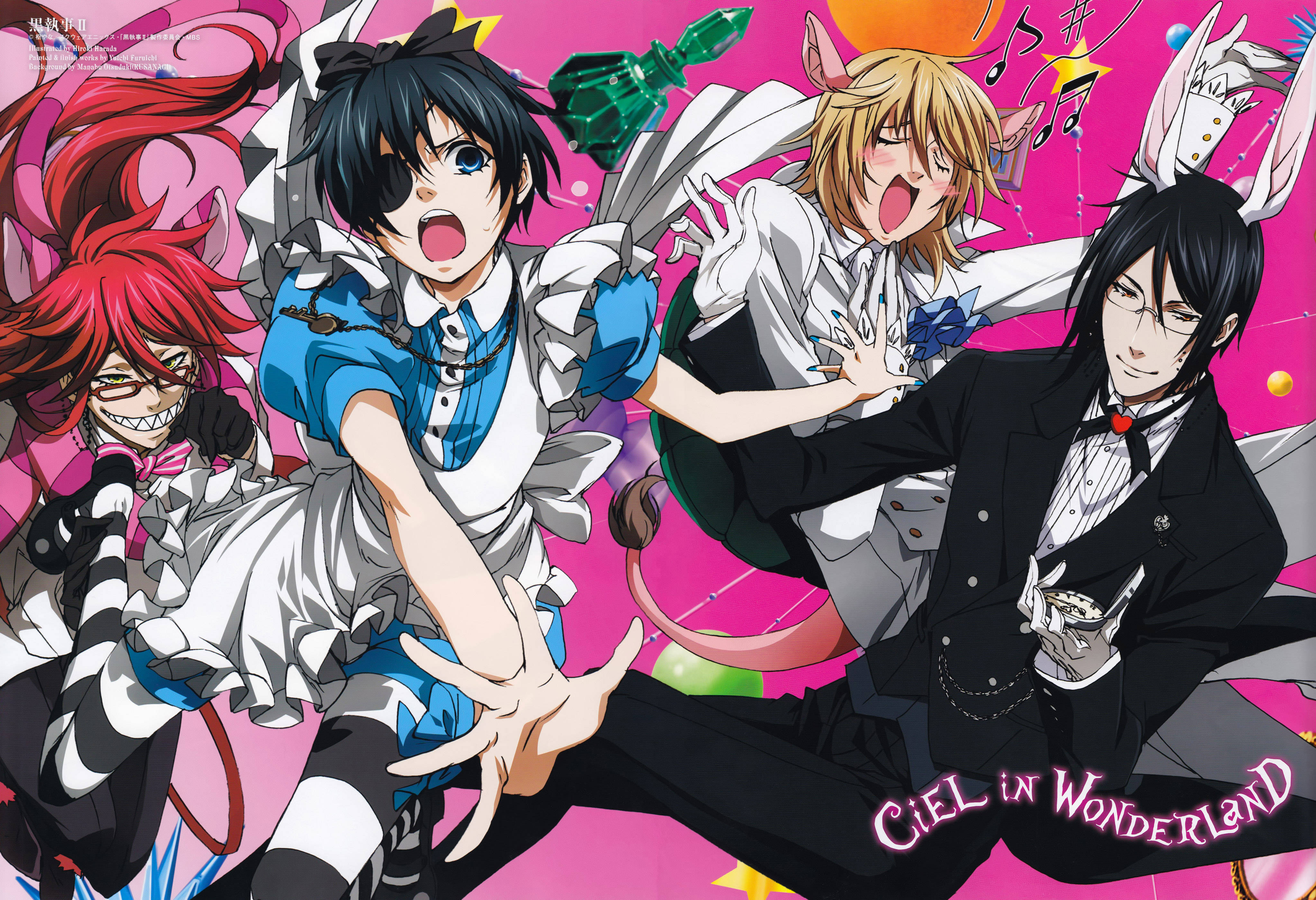 Black Butler 桌布 壁紙 — 四個動漫角色以動感姿勢，襯托充滿活力的粉紅色背景，背景有漂浮的音符和幾何形狀。
