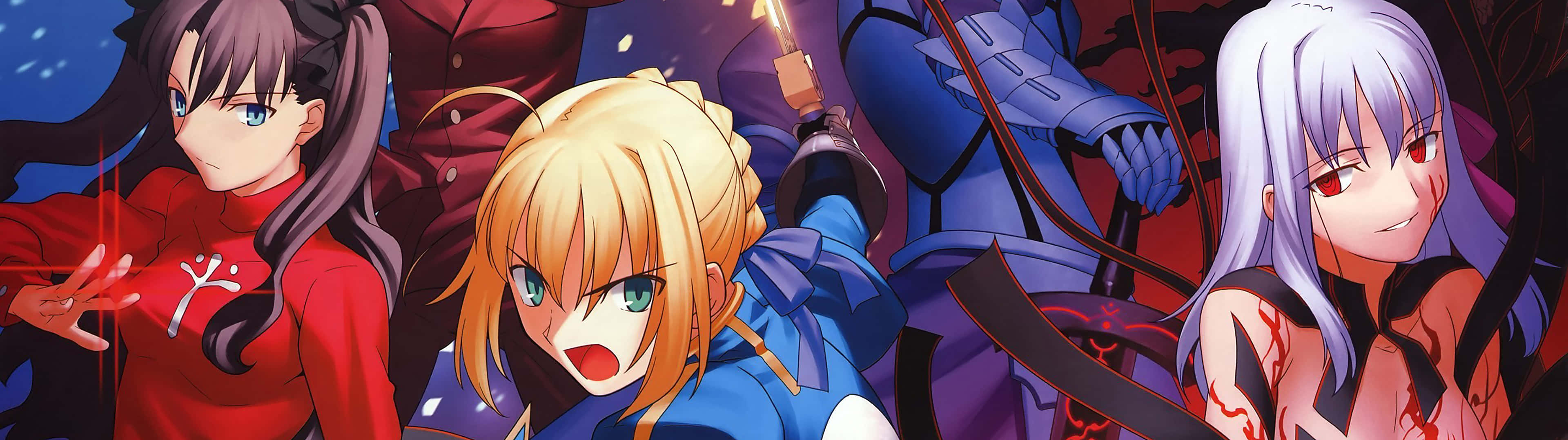 3840 X 1080 Anime HD 桌布 壁紙 — 四個動漫角色以動態姿勢呈現，帶有發光效果和戲劇性燈光，背景為深色。