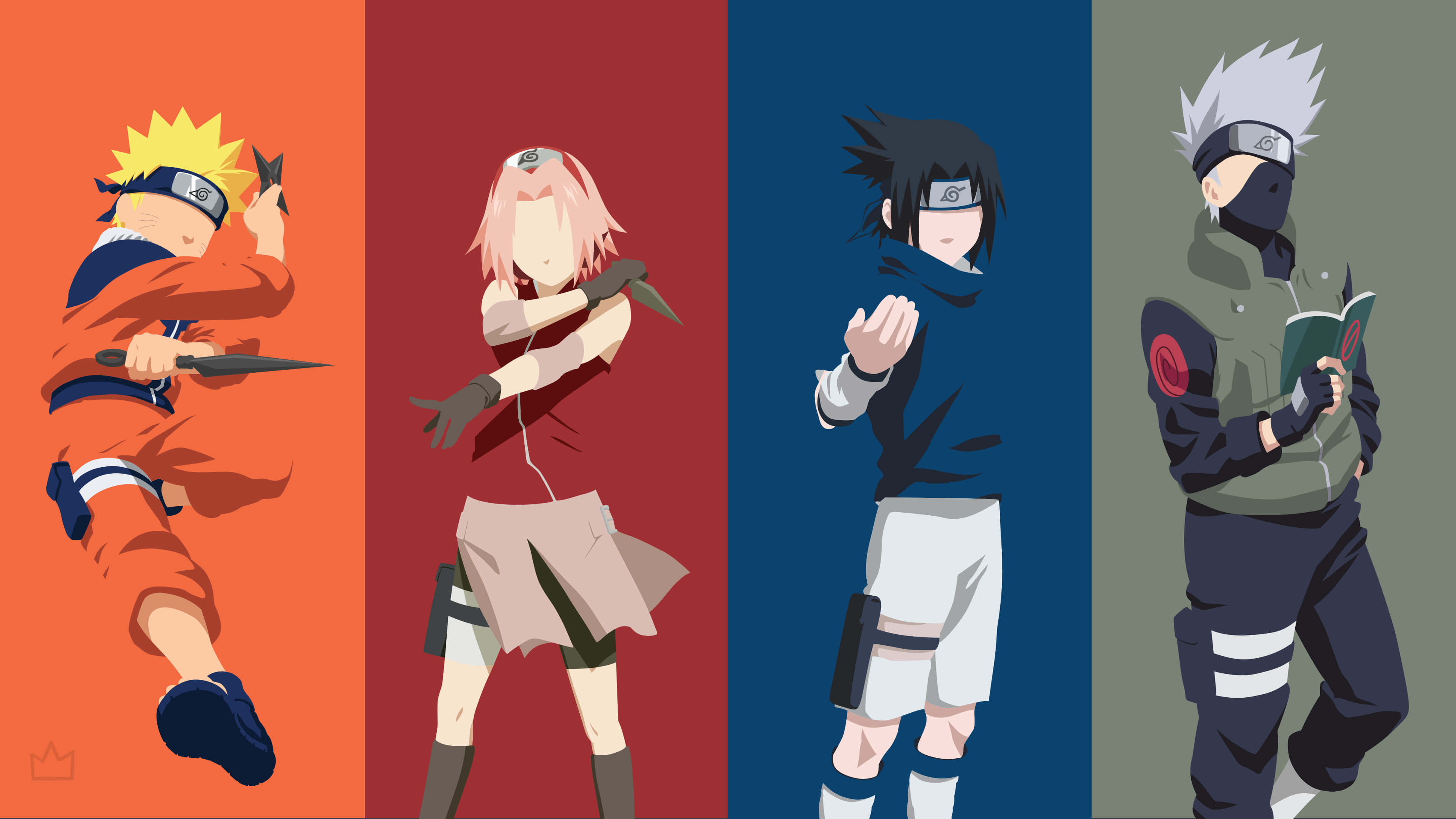 Naruto Team 7 桌布 壁紙 — 四個動漫角色以動態姿勢呈現，背景為純色，每個角色都有獨特的忍者裝備和表情。