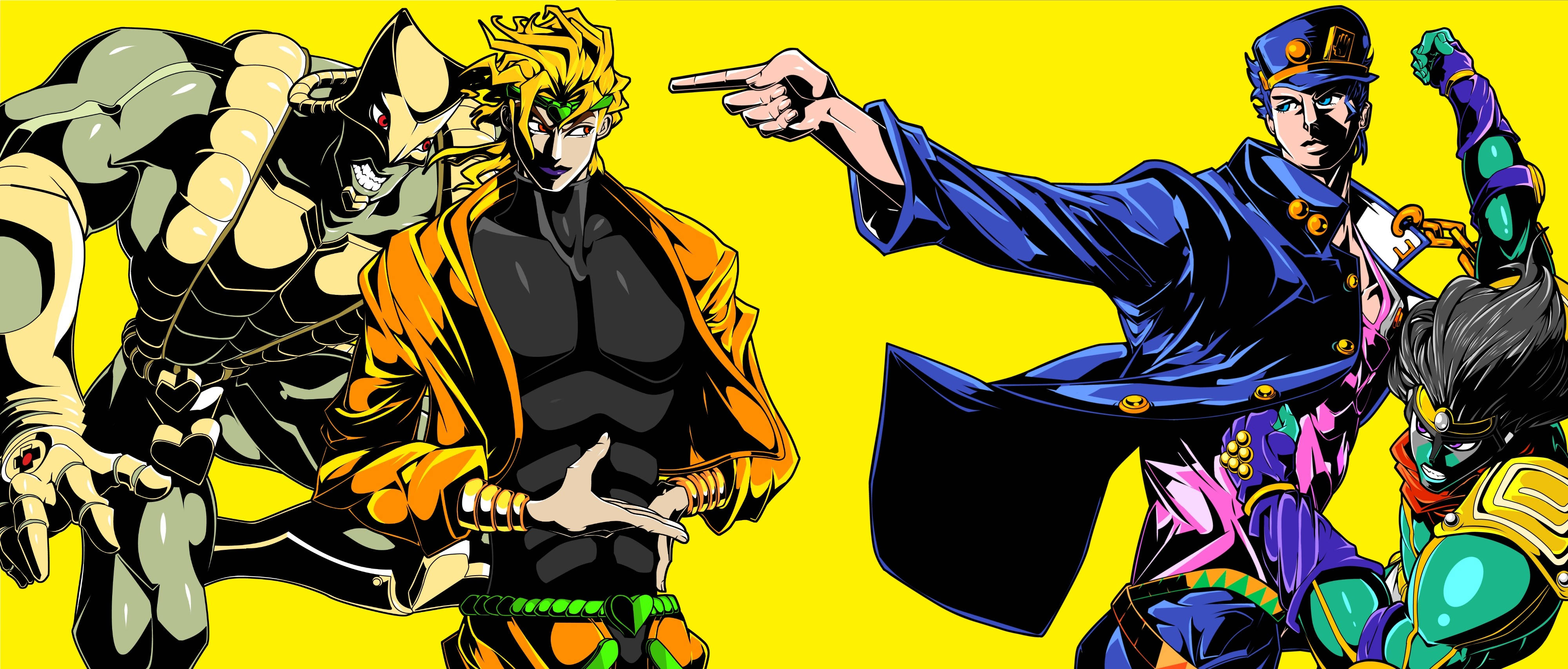 jojo 4K 桌布 壁紙 — 四個動漫角色以動態姿勢呈現，背景為明亮的黃色，帶有粗線條和鮮豔色彩。