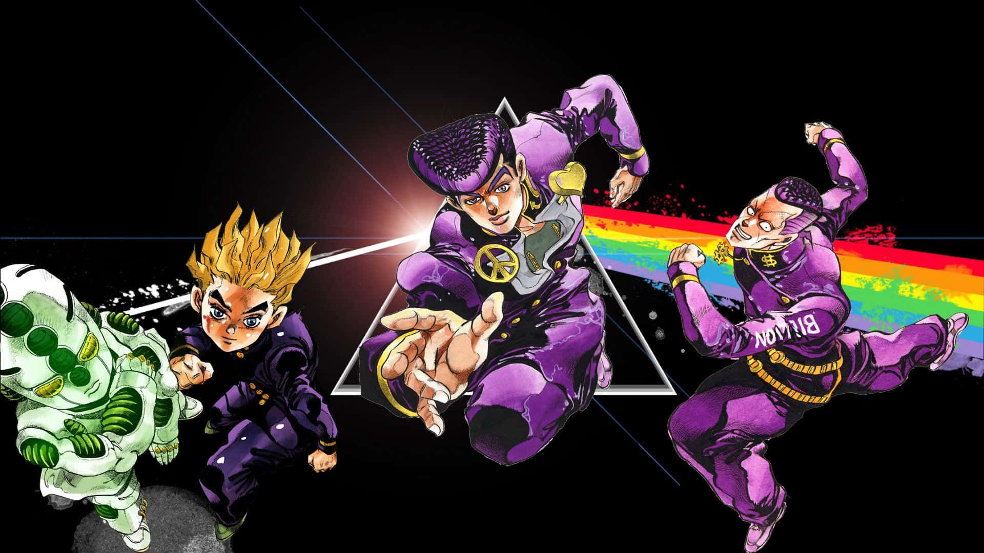 Diamond Is Unbreakable 桌布 壁紙 — 四個動漫角色以動態姿勢呈現，背景為黑色，帶有彩虹斬擊和發光線條。