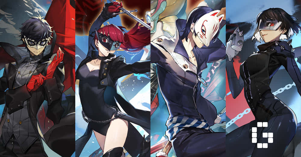 Persona 5 桌布 壁紙 — 四個動漫角色以動態姿勢呈現，身穿深色服裝，帶有鮮豔的紅色點綴，背景風格化。