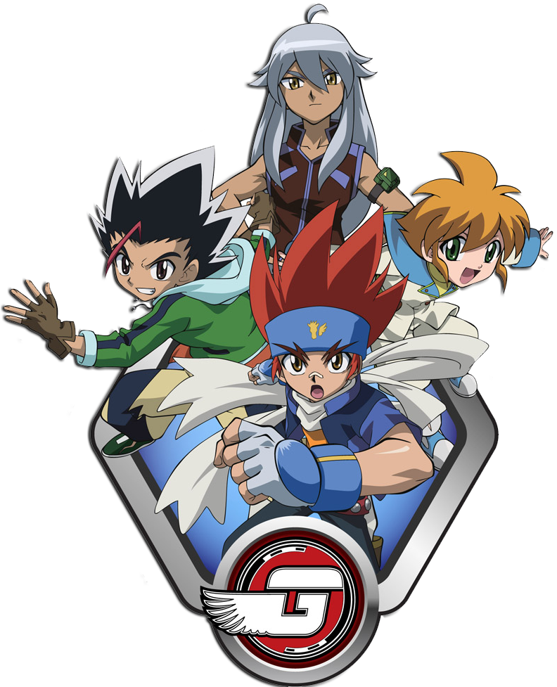Beyblade 桌布 壁紙 — 四個動漫角色以動態姿勢圍繞一個帶有風格化G標誌的盾牌徽章。