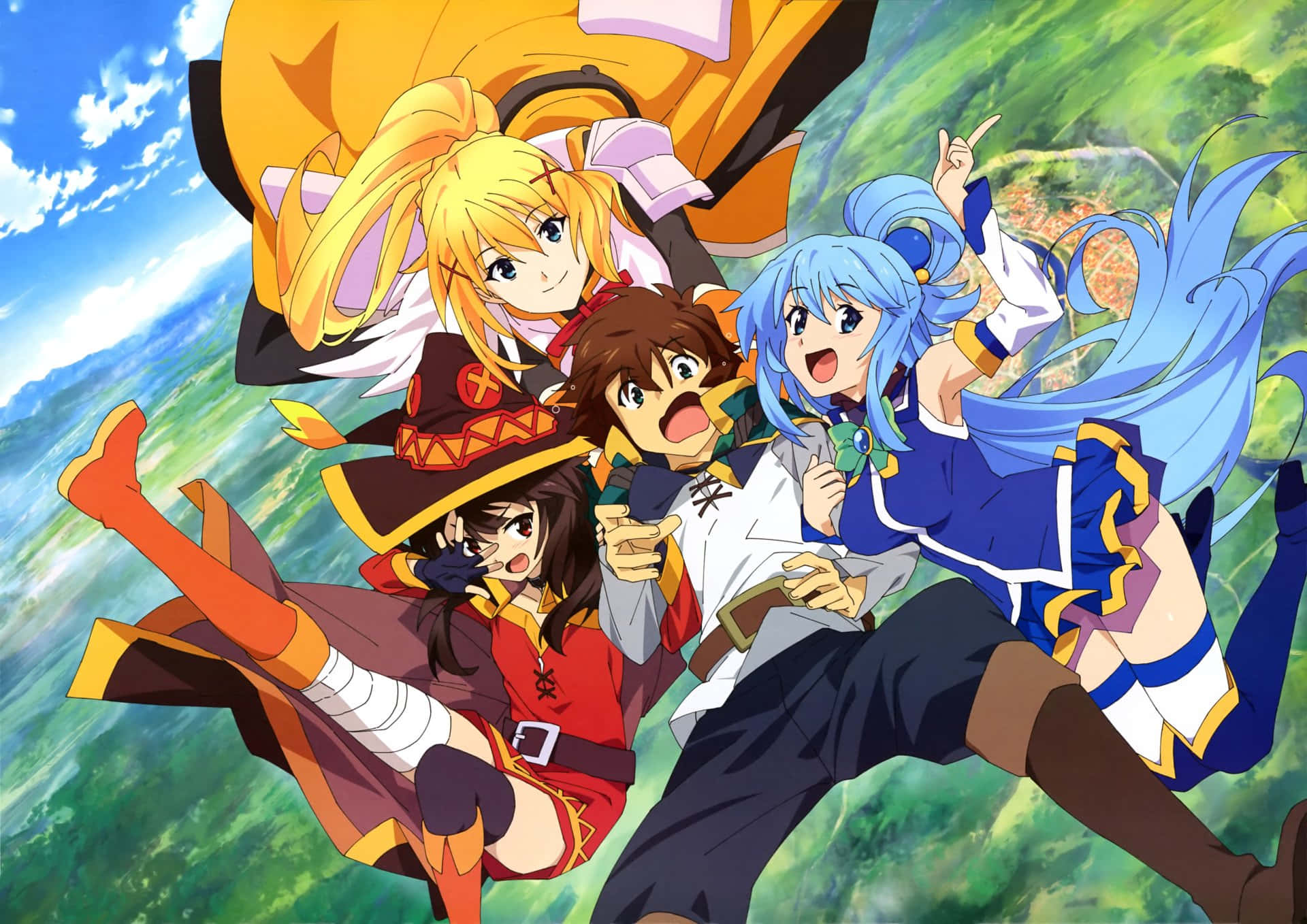 Konosuba 桌布 壁紙 — 四個動漫角色以動態姿勢在翠綠景觀上方的明亮藍天中翱翔。