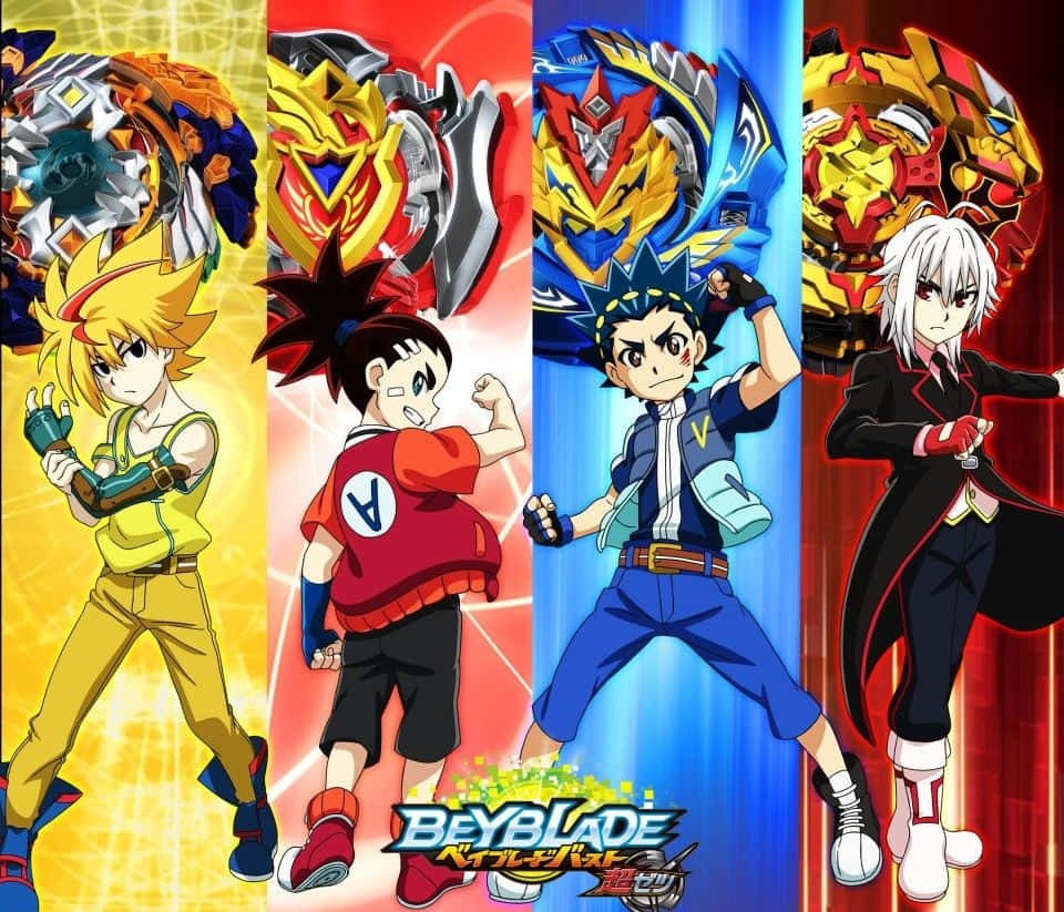戰鬥陀螺爆裂 桌布 壁紙 — 四個動漫角色以動態姿勢展示他們的Beyblade陀螺，背景色彩鮮豔。