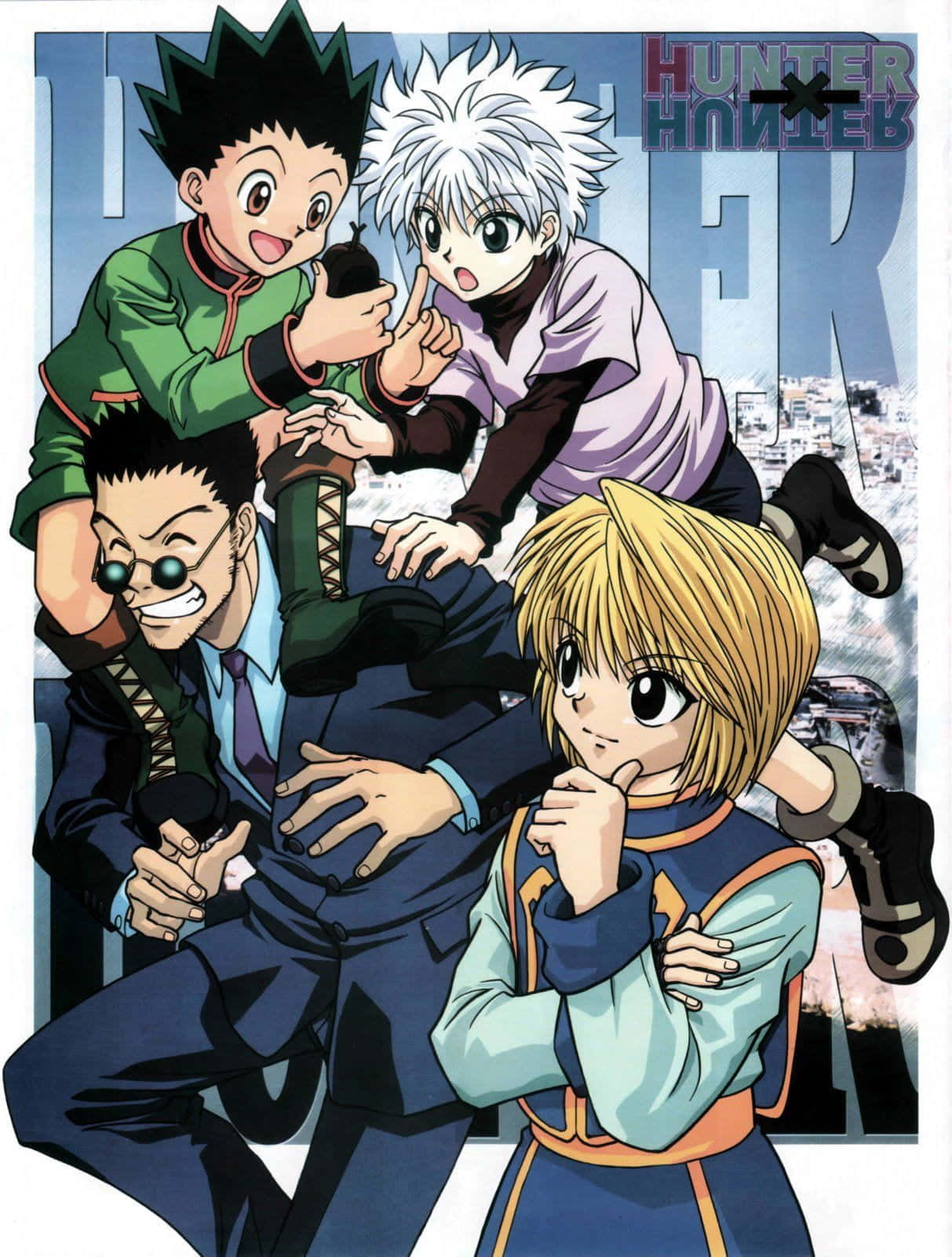 Leorio Paradinight 桌布 壁紙 — 四個動漫角色以動態姿勢擺拍，背景為城市景觀，並帶有粗體字樣。