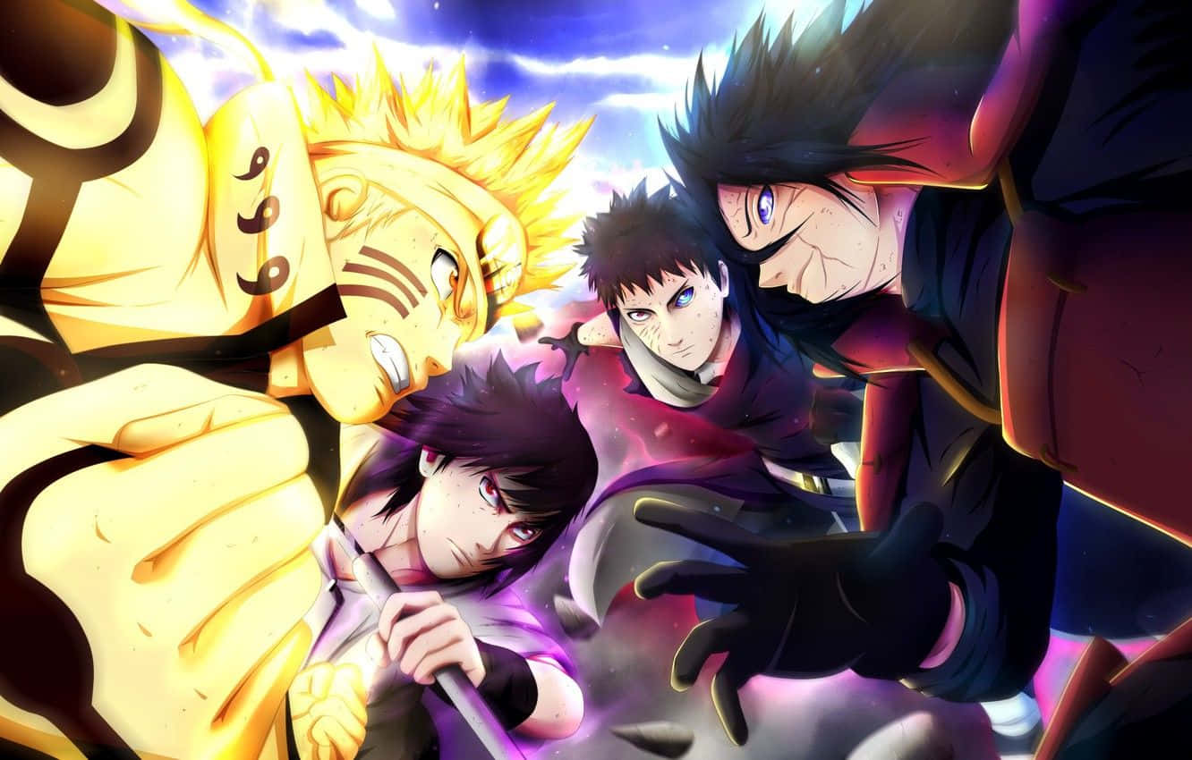 Ninja World 桌布 壁紙 — 四個動漫角色以動態戰鬥姿勢呈現，帶有發光的查克拉和戲劇性的燈光，背景是暴風雨的天空。