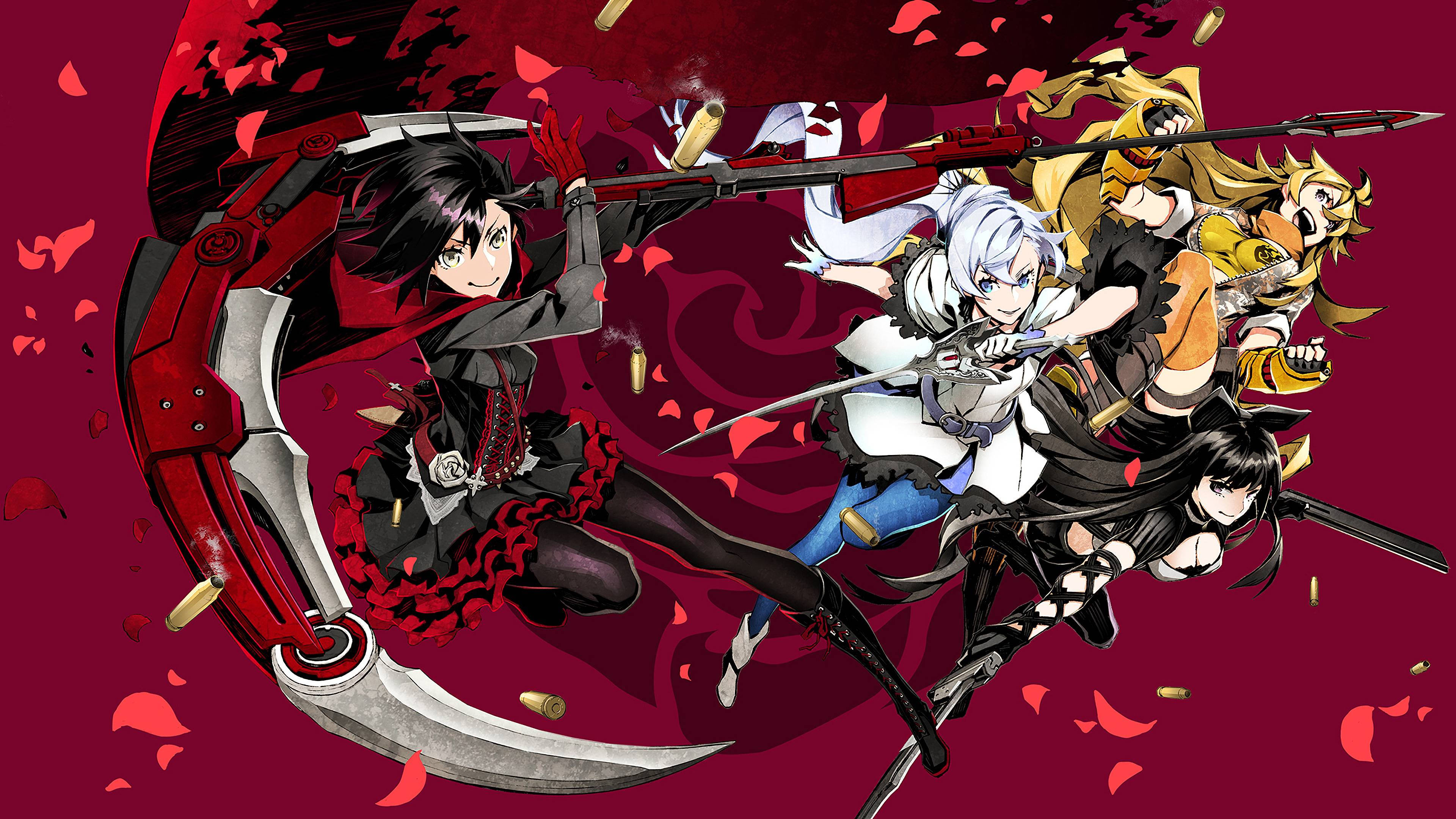 Rwby 桌布 壁紙 — 四個動漫角色以動態戰鬥姿勢揮舞武器，背景為深紅色，有飄落的花瓣和子彈殼。