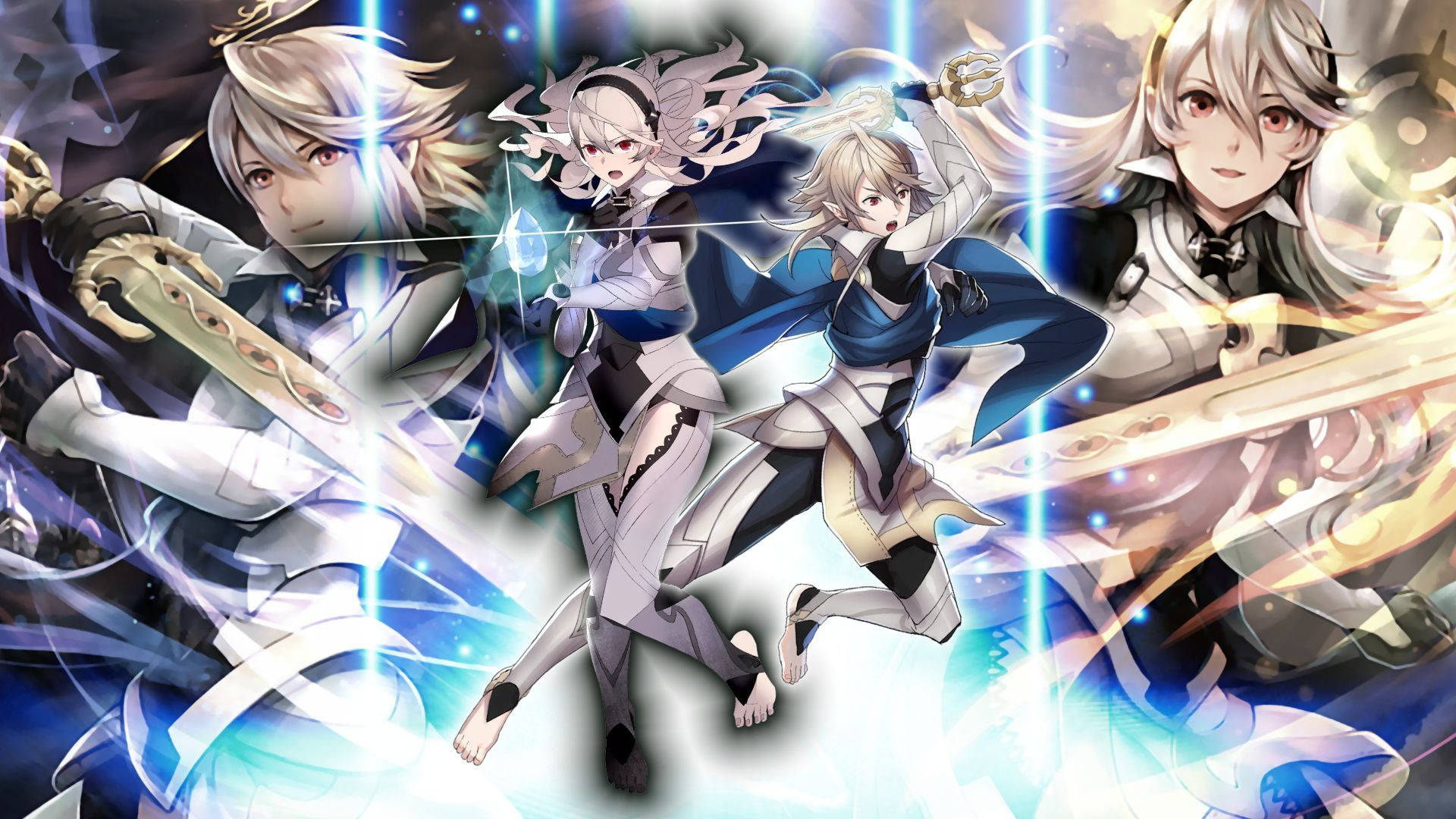 四個動漫戰士在戰鬥中，手持發光劍和能量效果。 — Fire Emblem Warriors 壁紙