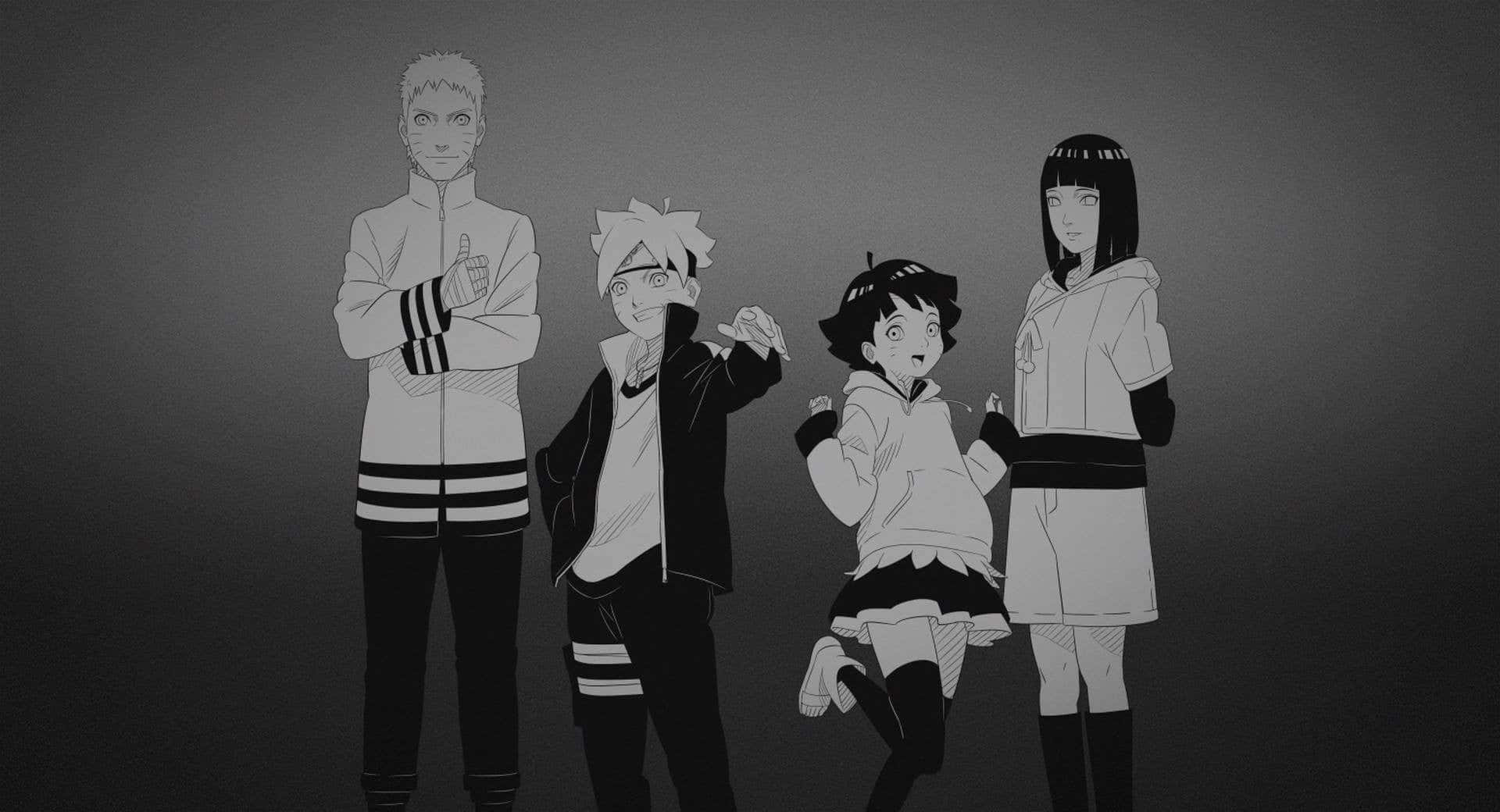 Naruto Black And White 桌布 壁紙 — 四個動漫角色以單色排列站在灰色漸變背景前，展現不同的姿勢和表情。
