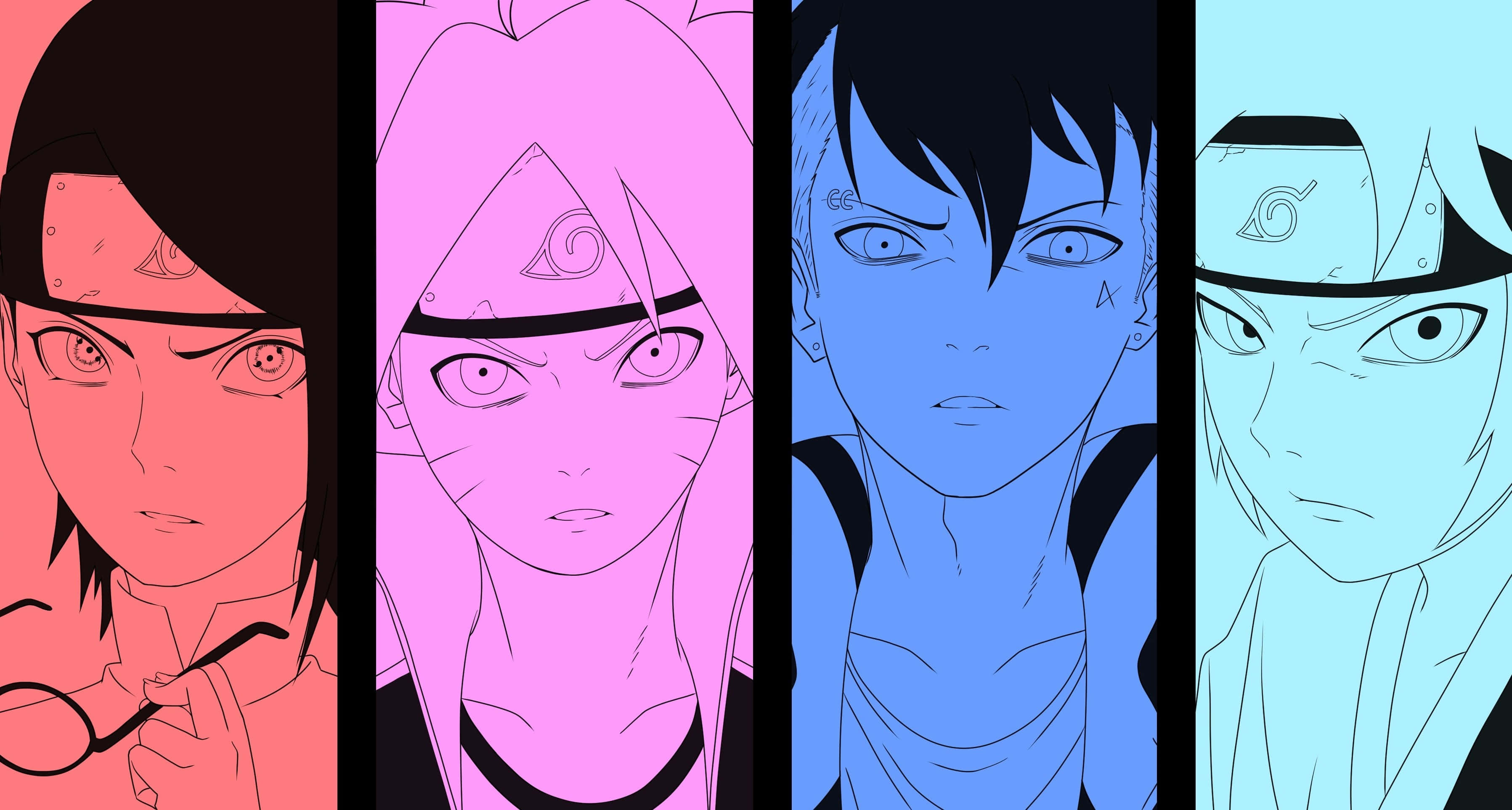 Mitsuki 桌布 壁紙 — 四個動漫角色以單色線條藝術呈現，搭配大膽彩色背景，每個垂直裱框。