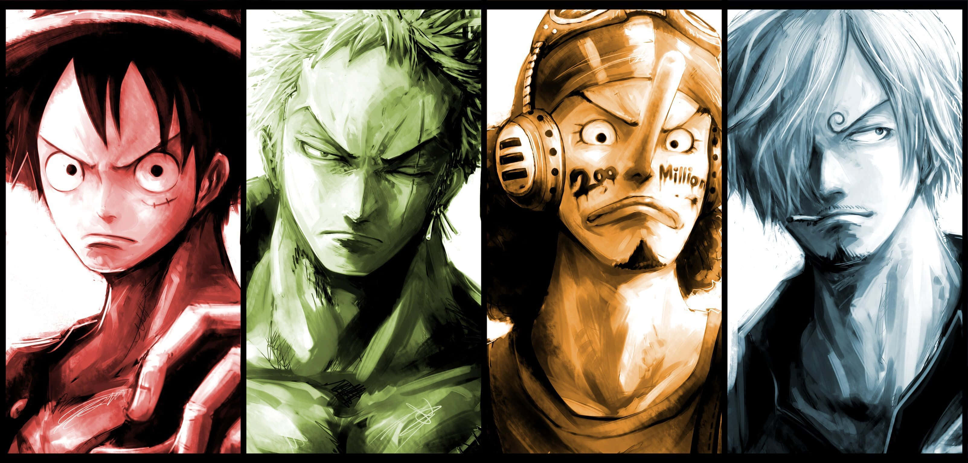 One Piece Cool 桌布 壁紙 — 四個動漫角色以戲劇性的特寫鏡頭呈現，每個角色分別以紅、綠、金、藍四種不同色調框住。