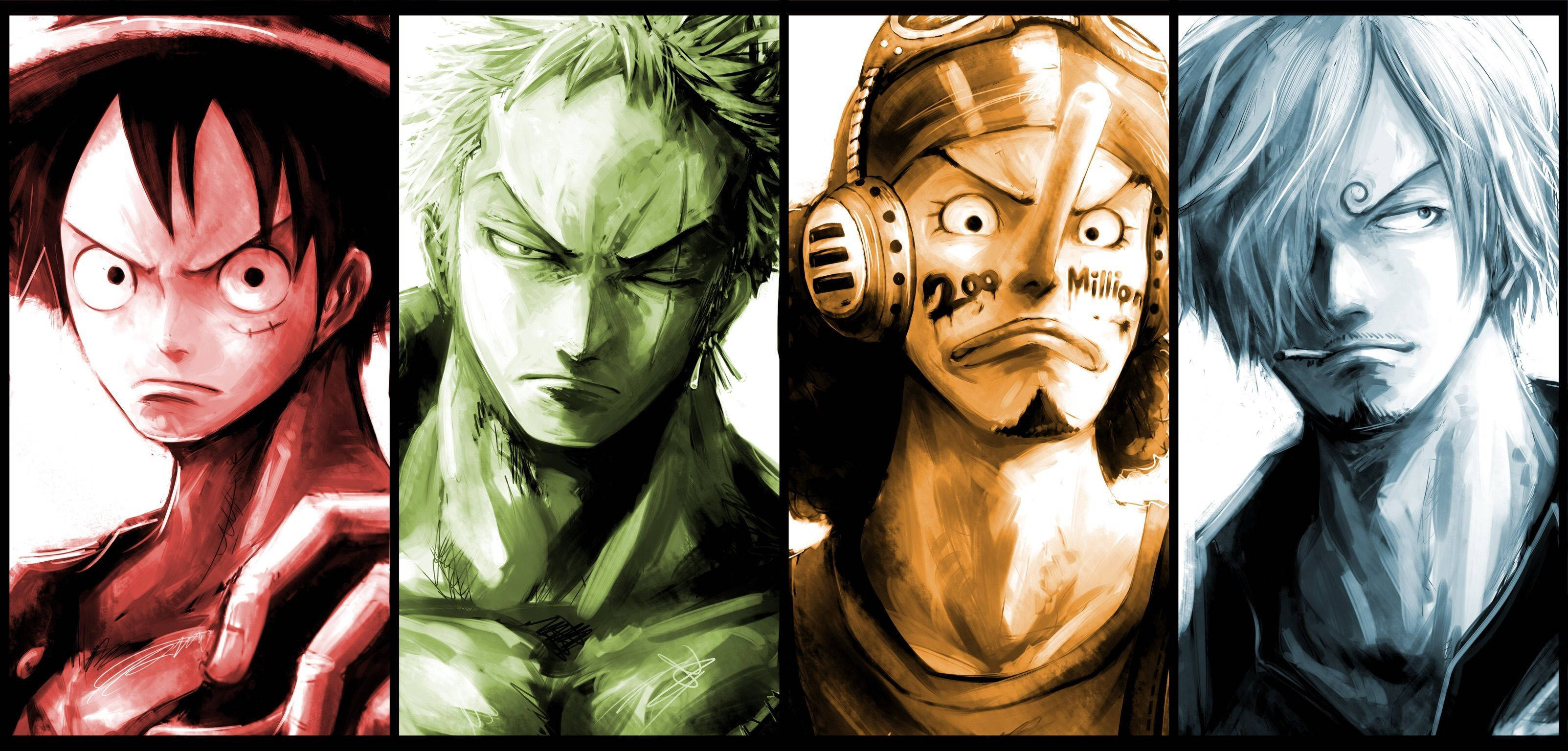 one piece usopp 桌布 壁紙 — 四個動漫角色以戲劇性的特寫鏡頭呈現，每個都框在獨特的單色調中：紅、綠、黃和藍。