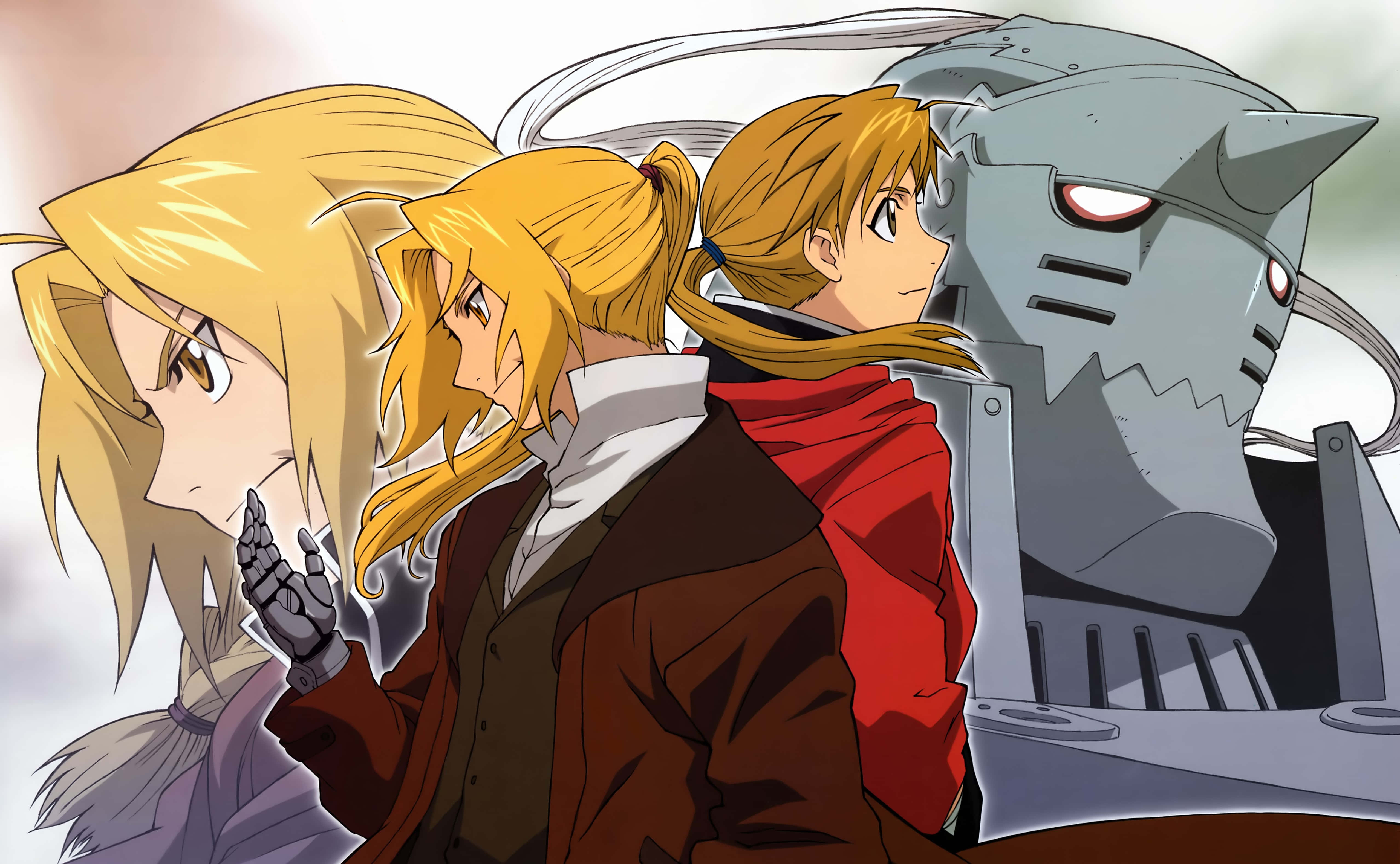 Alphonse Elric 桌布 壁紙 — 四個動漫角色側面站立，背景是柔和的漸變天空，包括一個金髮女孩、一個穿紅色斗篷的男孩和一個發光眼睛的機械巨人。