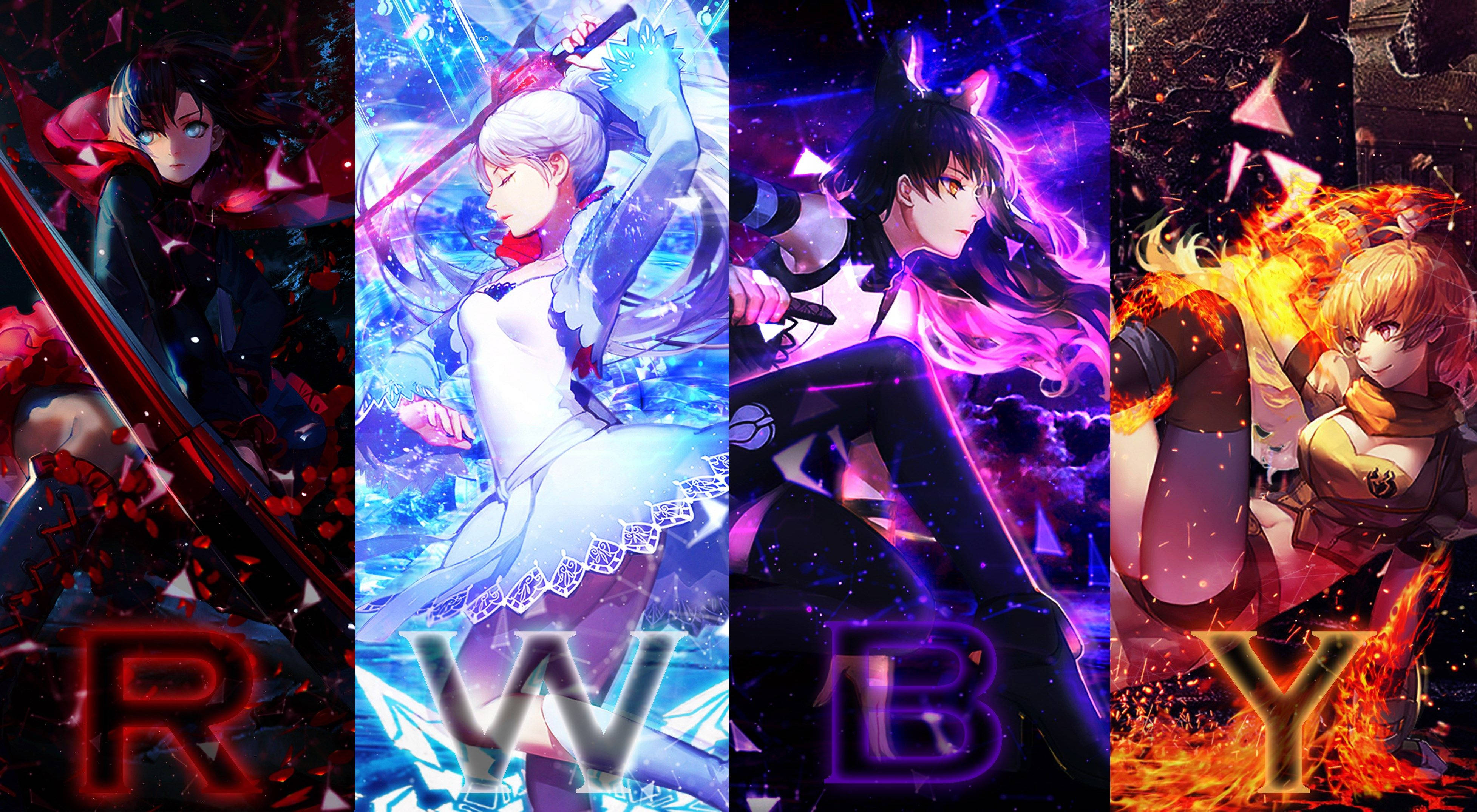Rwby 桌布 壁紙 — 四個動漫角色各自在色彩鮮豔的版面中，在動態背景前手持武器。