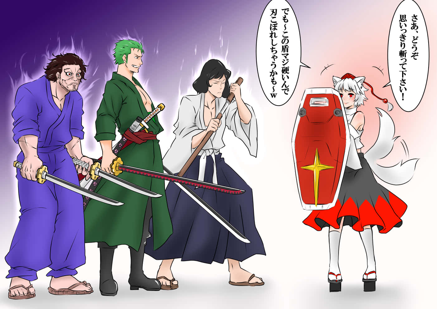 Goemon Ishikawa Xiii 桌布 壁紙 — 四個動漫角色在一個動態戰鬥場景中，手持劍和盾牌對峙，並帶有日文對話氣泡。
