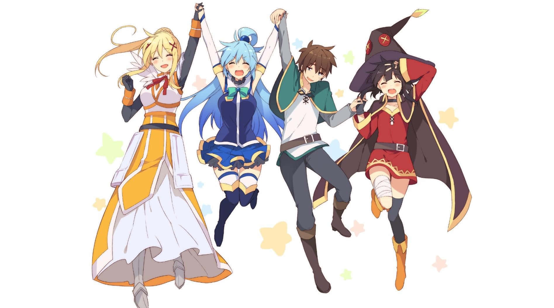Konosuba God's Blessing On This Wonderful World 桌布 壁紙 — 四個動漫角色在一個純白色背景上，舉起雙臂，開心地跳躍，背景點綴著漂浮的星星。