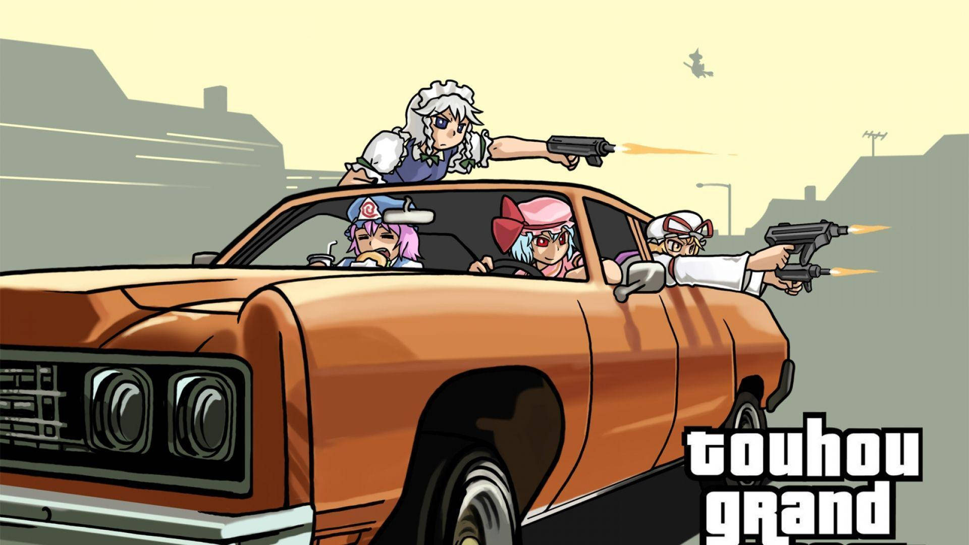 GTA 聖安地列斯 桌布 壁紙 — 四個動漫角色在一輛橙色肌肉車上，對著朦朧的城市背景開槍，槍口閃爍著火焰。