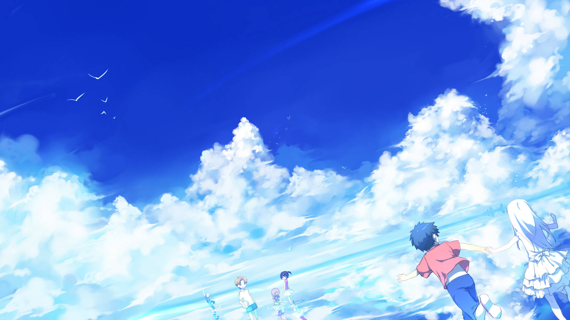 Anohana 桌布 壁紙 — 四個動漫角色在充滿蓬鬆白雲和遠處鳥兒的明亮藍天上快樂地奔跑。