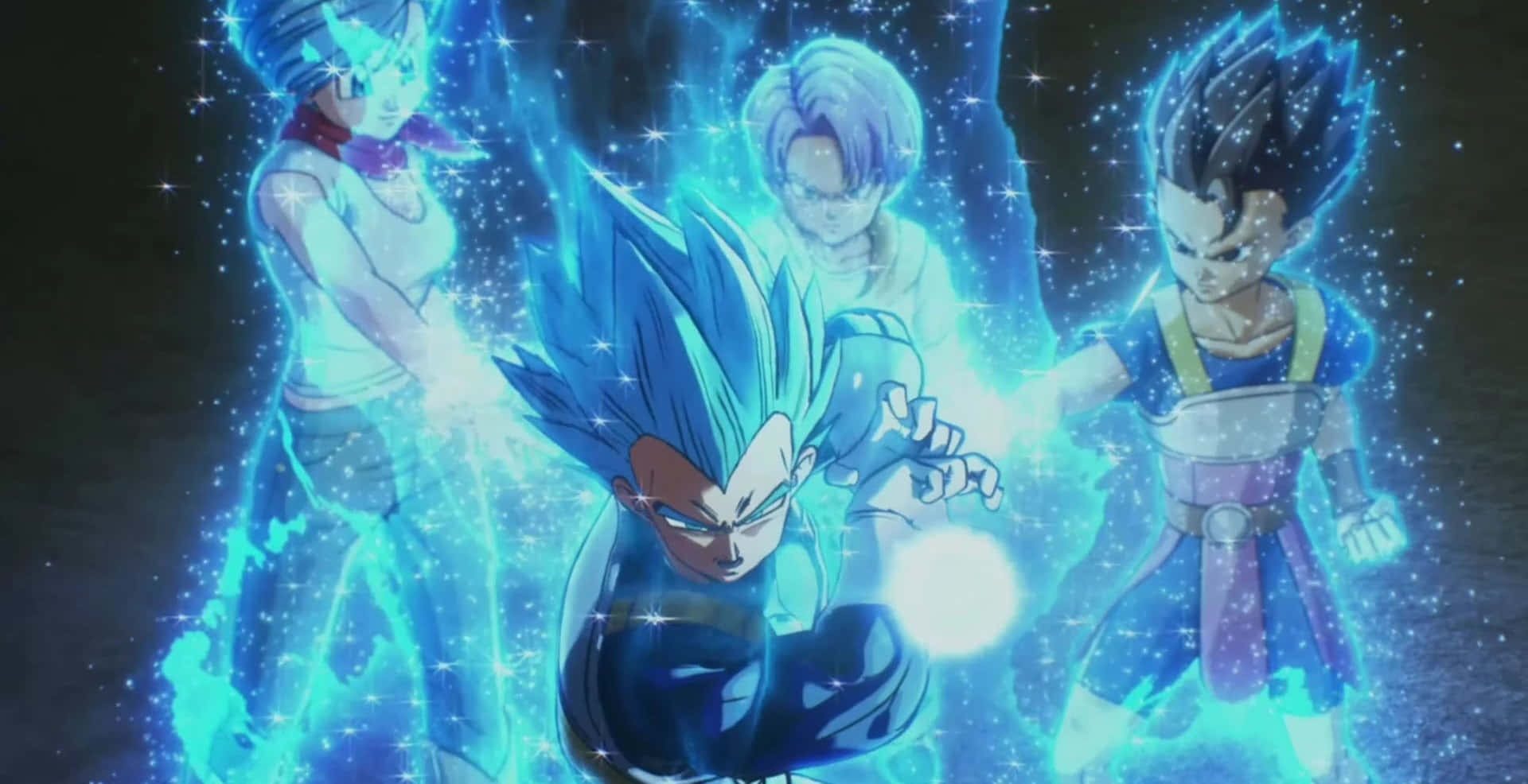 Dragon Ball Xenoverse 2 桌布 壁紙 — 四個動漫角色在充滿閃爍粒子的黑暗宇宙背景下散發出強烈的藍色能量。