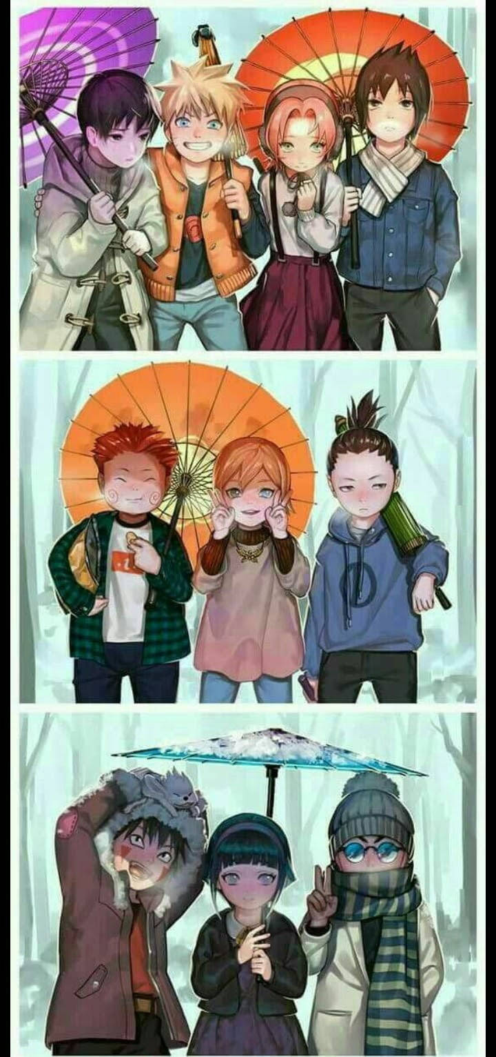 火影忍者 桌布 壁紙 — 四個動漫角色在冬季場景中手持彩色雨傘，穿著舒適的冬裝。