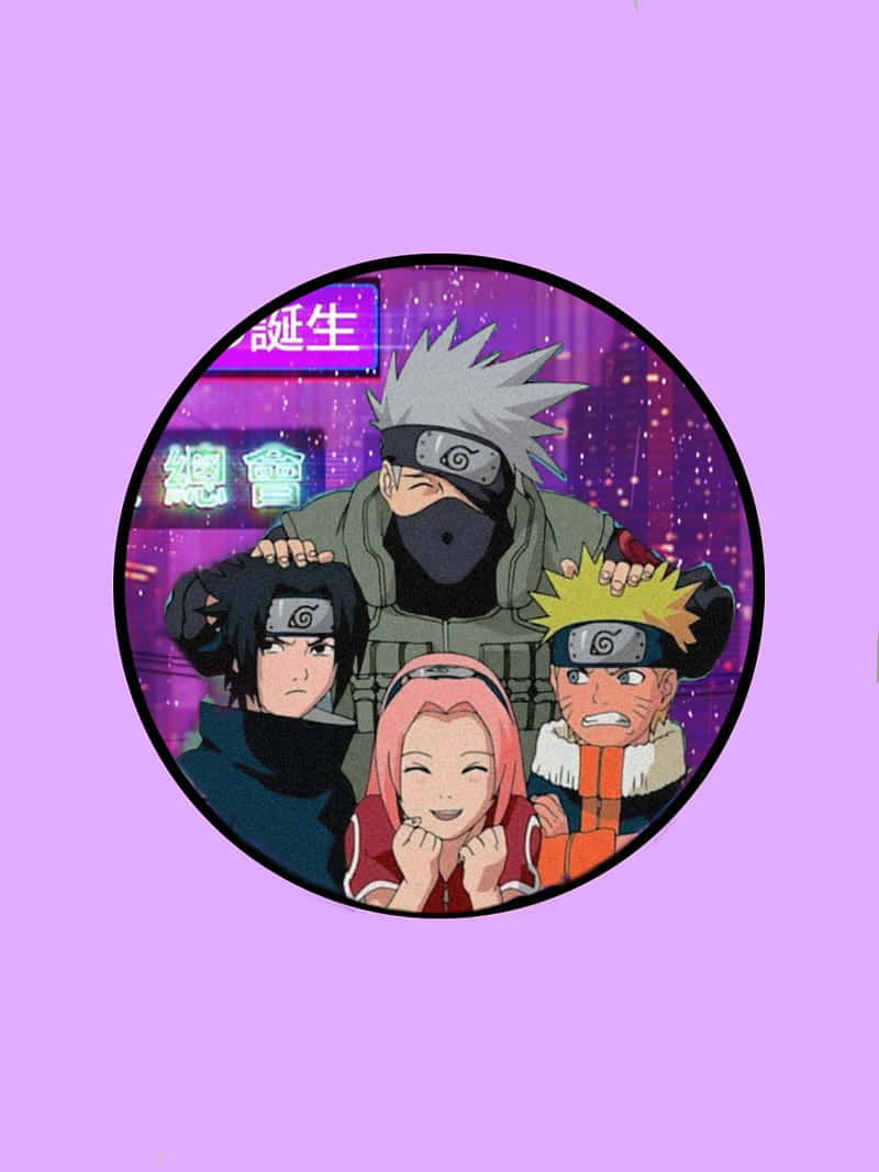 桌布 壁紙 — 四個動漫角色在圓形框架內，背景是發光的紫色城市景觀和霓虹燈招牌。