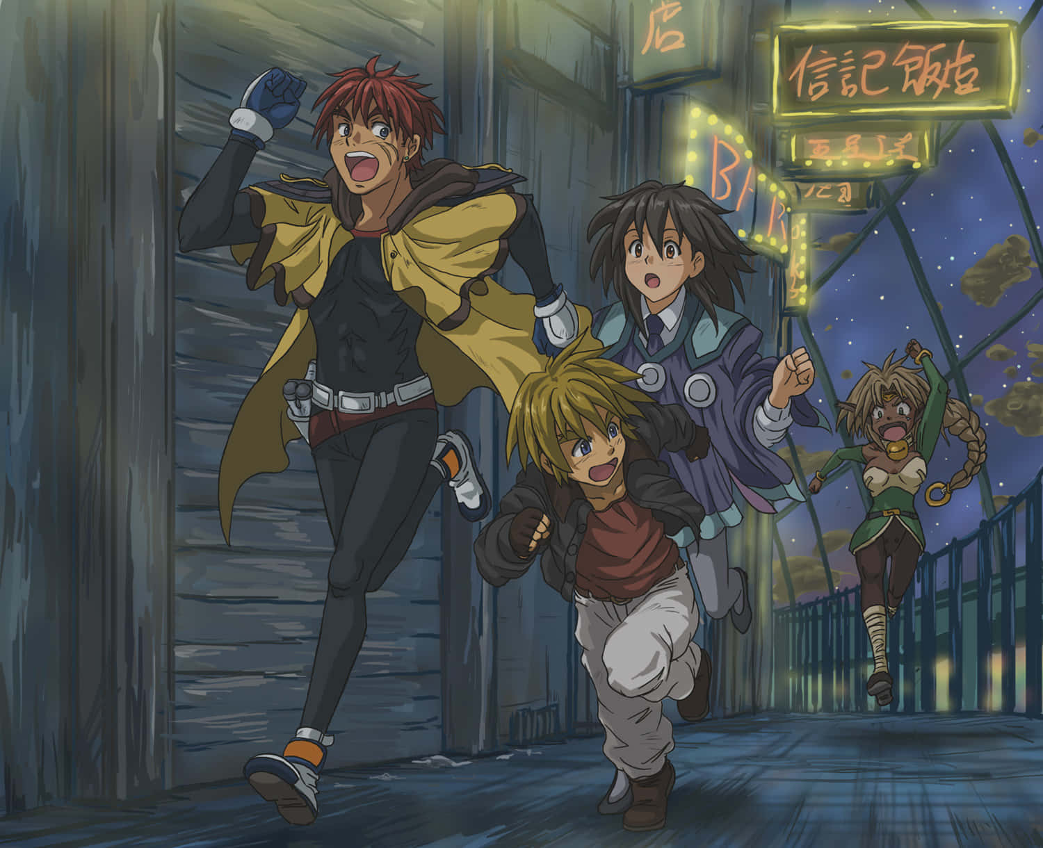 Outlaw Star 桌布 壁紙 — 四個動漫角色在夜晚開心奔跑在一條有霓虹燈的小巷，表情興奮。