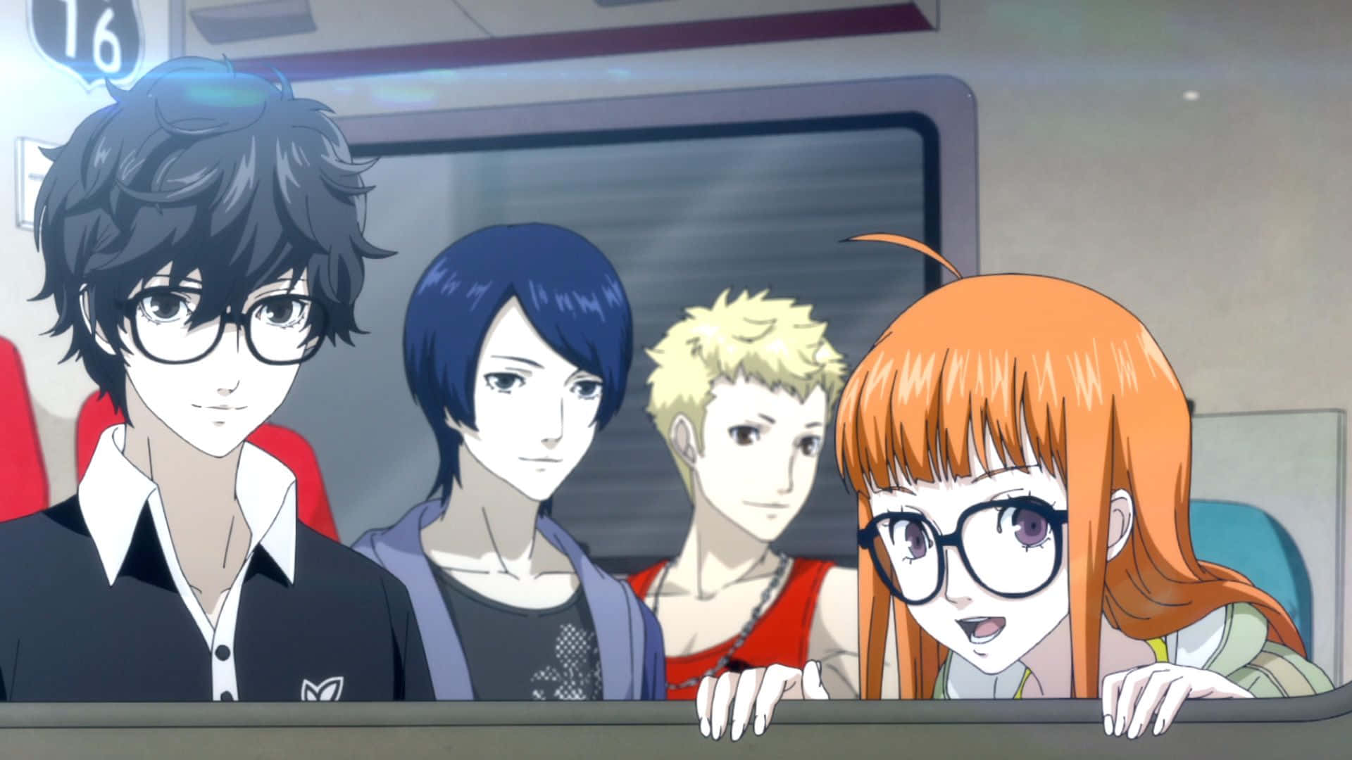 Persona 5 Strikers 桌布 壁紙 — 四個動漫角色在明亮的捷運車廂裡，好奇地探頭看向火車窗外。