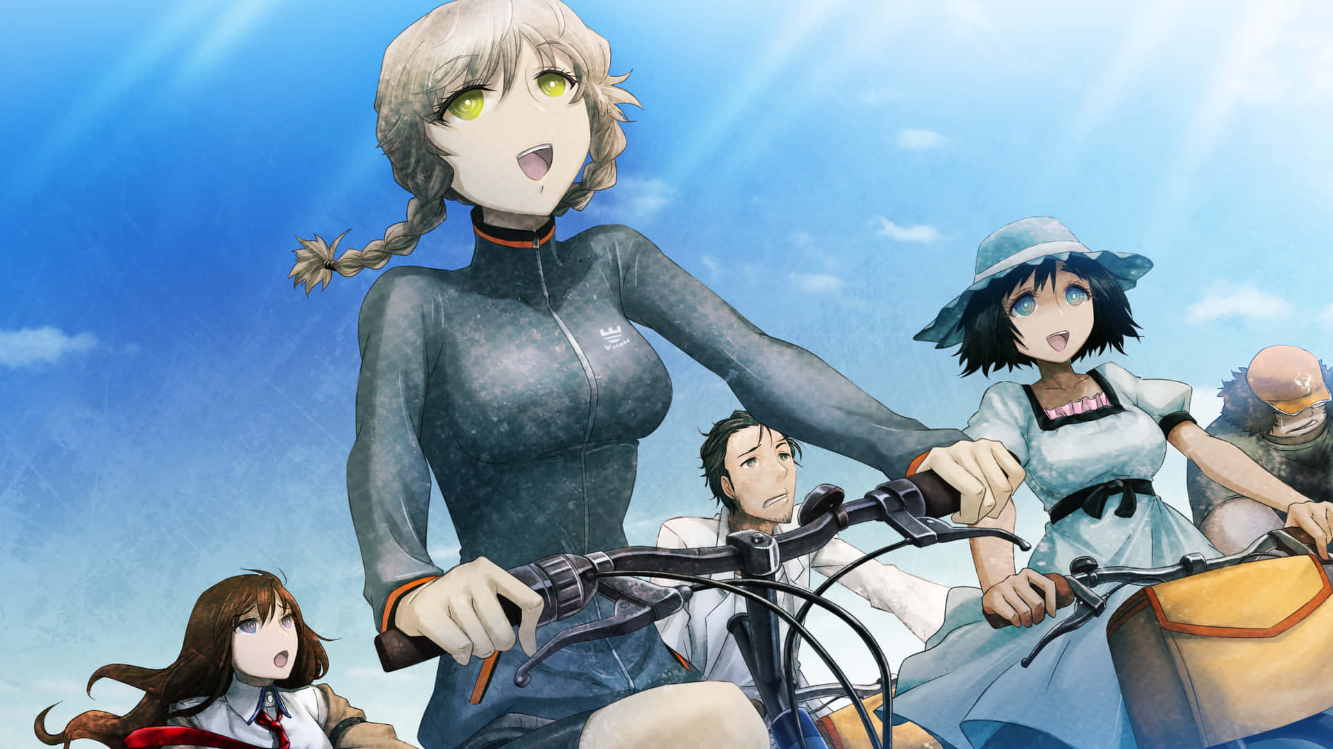 Suzuha Amane 桌布 壁紙 — 四個動漫角色在明亮的藍天下騎腳踏車，陽光穿過雲層照射下來。