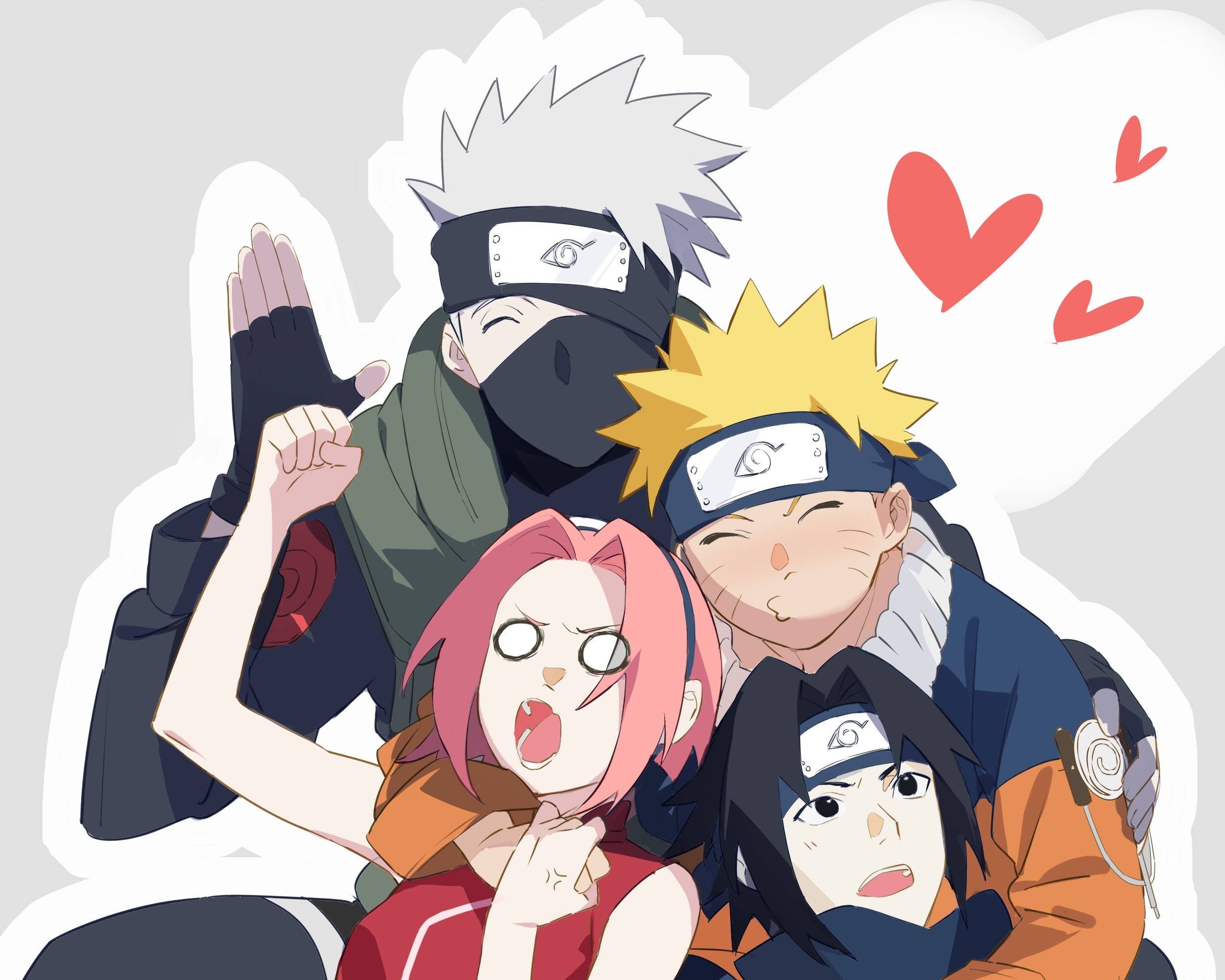 Naruto Kakashi 桌布 壁紙 — 四個動漫角色在柔和的灰色背景上，周圍漂浮著心形，愉快地擺姿勢。