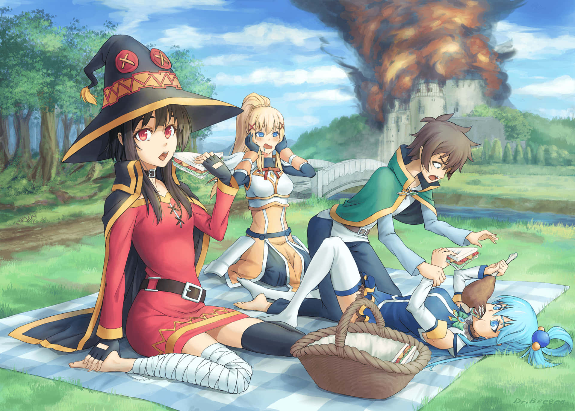 Konosuba 桌布 壁紙 — 四個動漫角色在格子毯上野餐，背景遠處有一座城堡在燃燒。