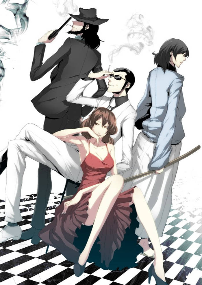 Lupin 桌布 壁紙 — 四個動漫角色在棋盤格地板上擺姿勢，煙霧升騰，一位紅衣女子坐在中央。