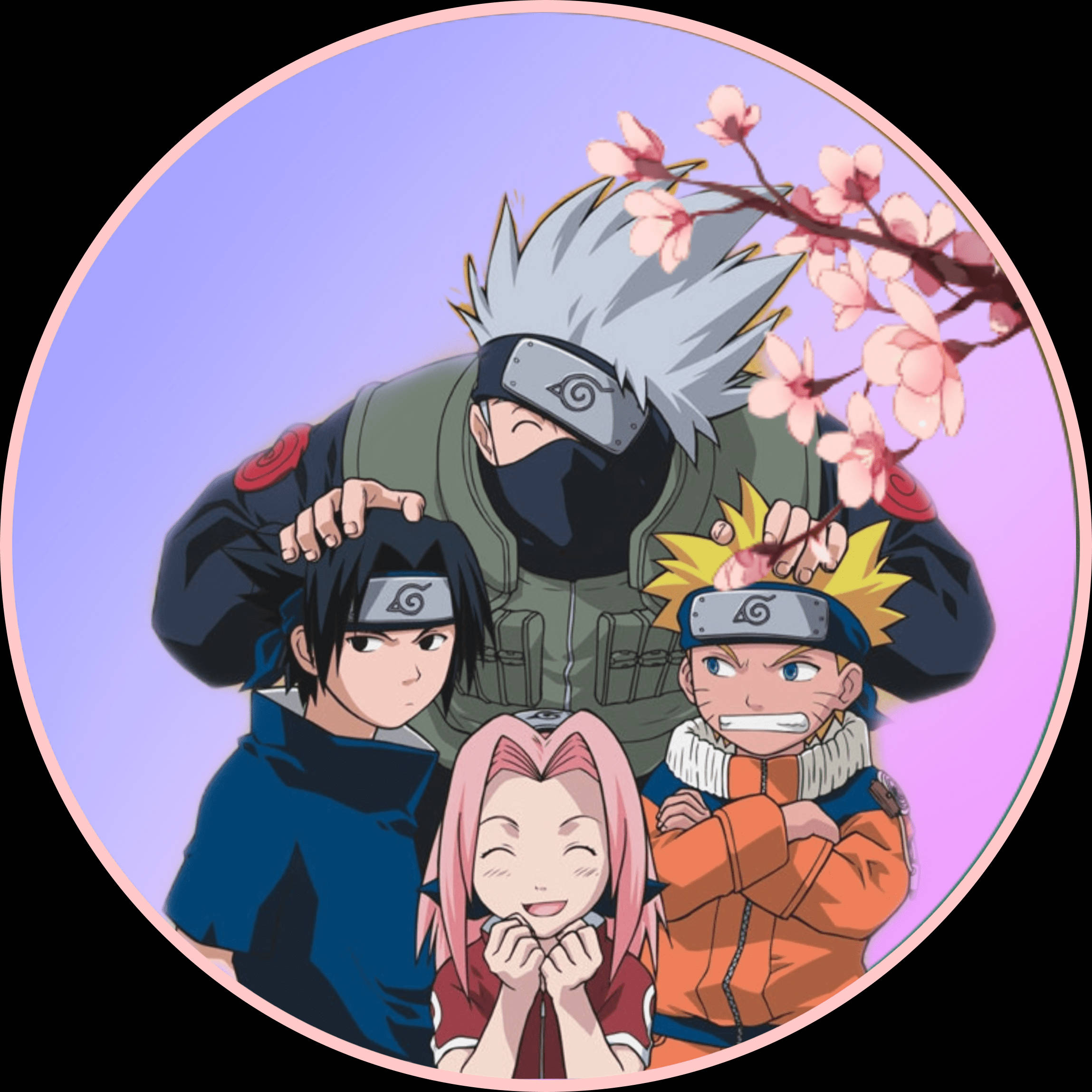 Team 桌布 壁紙 — 四個動漫角色在櫻花下一起擺姿勢，背景是柔和的紫色漸變。