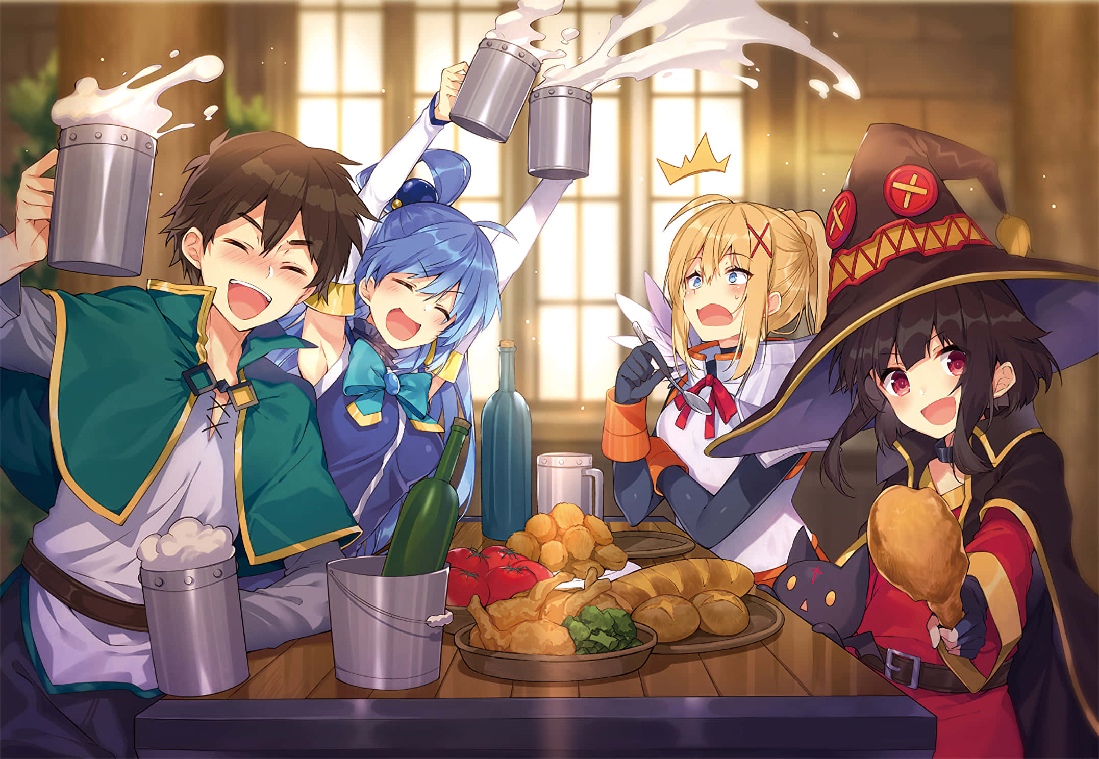 Konosuba 桌布 壁紙 — 四個動漫角色在溫暖燈光的小酒館中，於擺滿食物的木桌上愉快地碰杯，喝著泡沫啤酒。